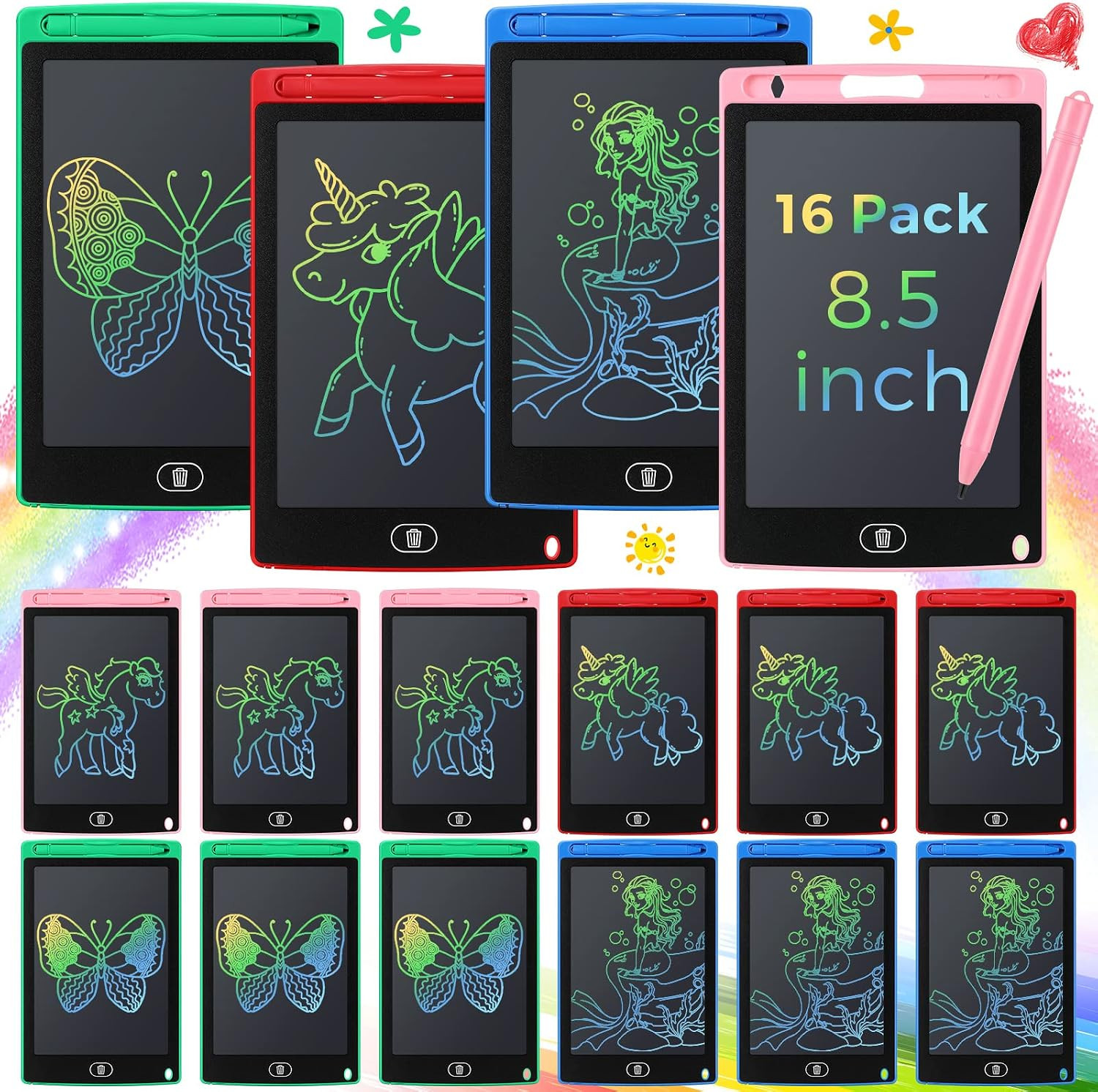 16 Pack LCD Writing Tablet, Blue, Green, Pink, Red