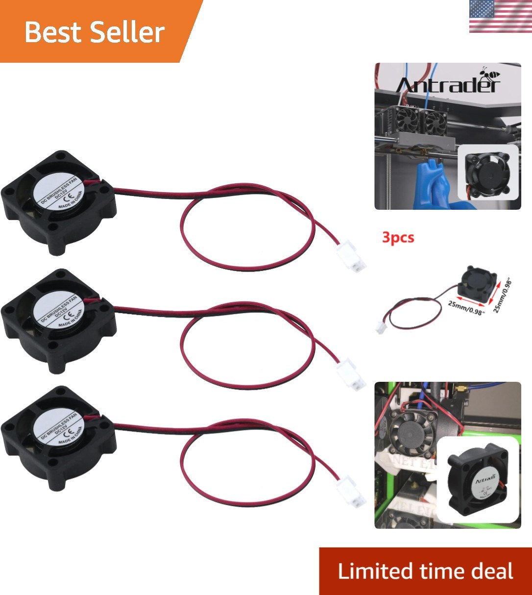 3Pcs 12V 0.1A 2Pin 25x25x10mm DC Small Mini Brushless Cooling Fan | Compact M...