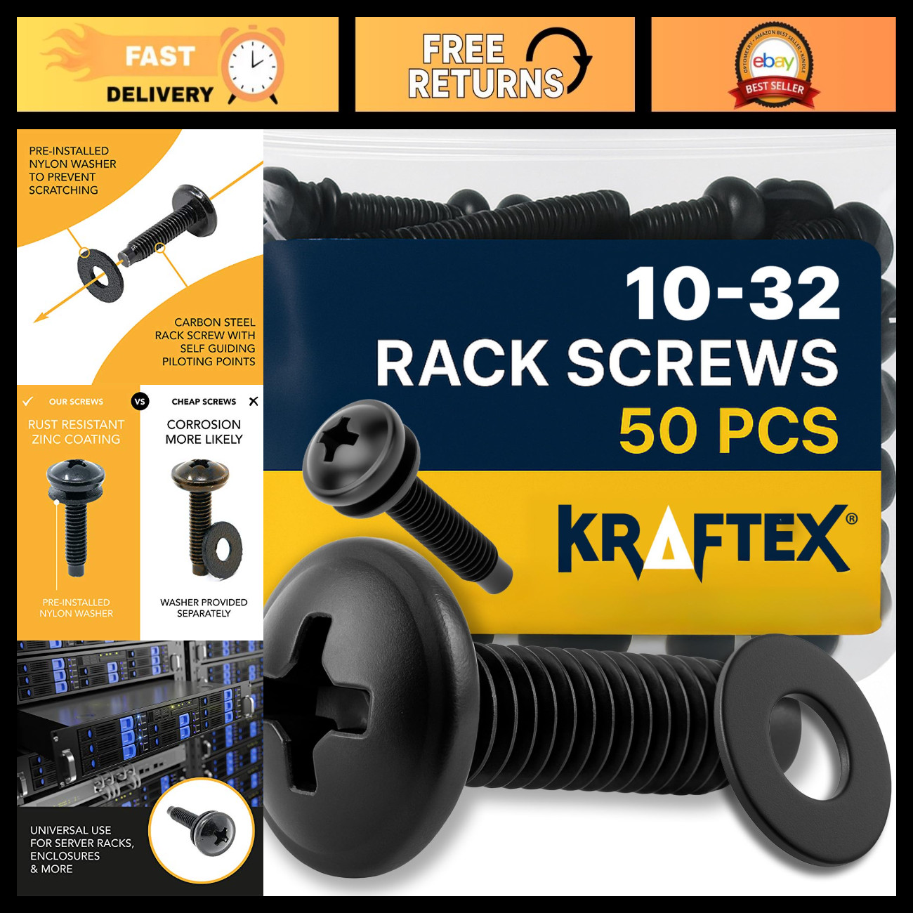 50-Pack Rack Screws 10-32 - Versatile Server Rack Accessories with Washers for N