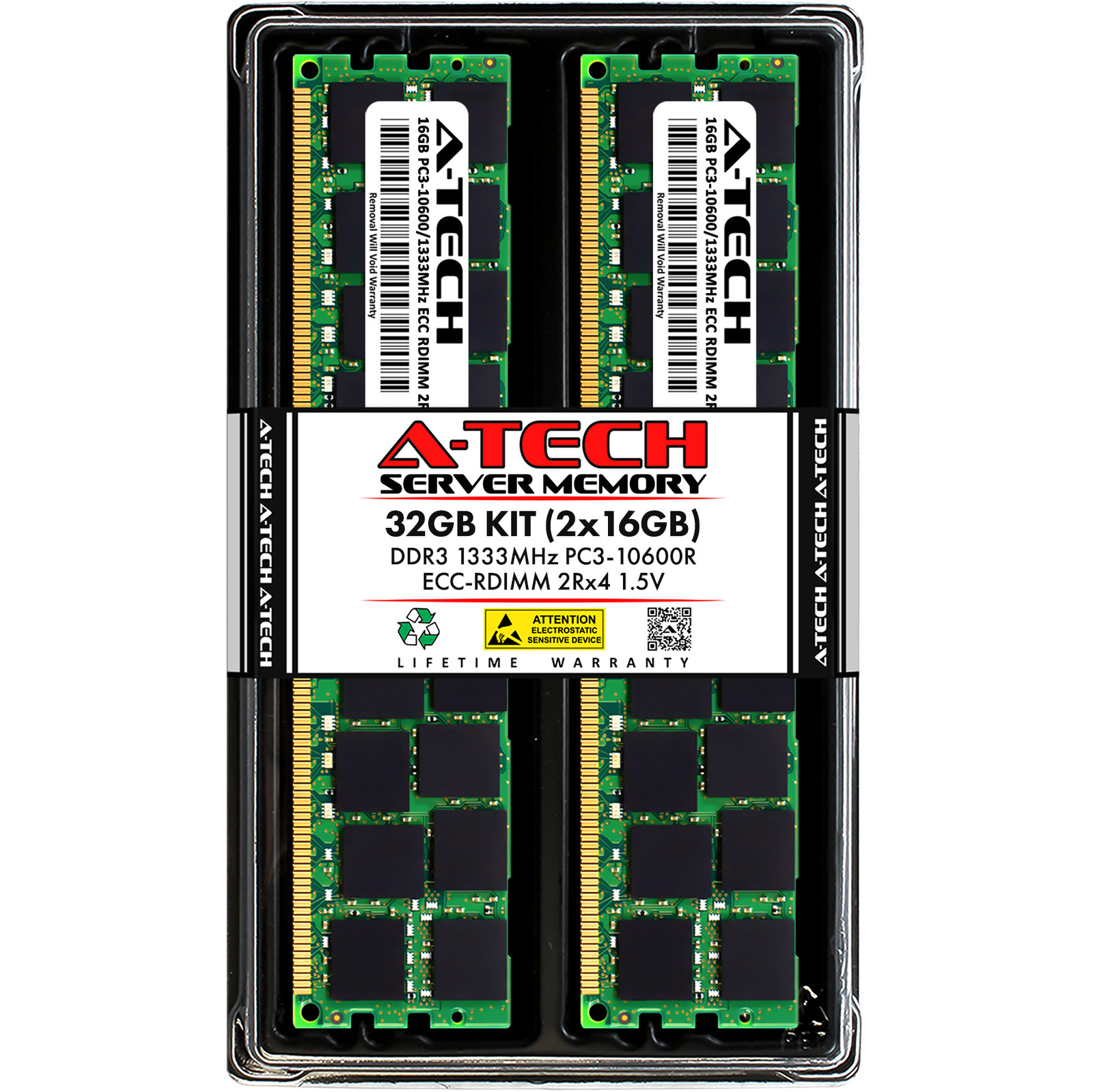 A-Tech 32GB 2x 16GB 2Rx4 PC3-10600R DDR3 1333MHz ECC RDIMM REG Server Memory RAM