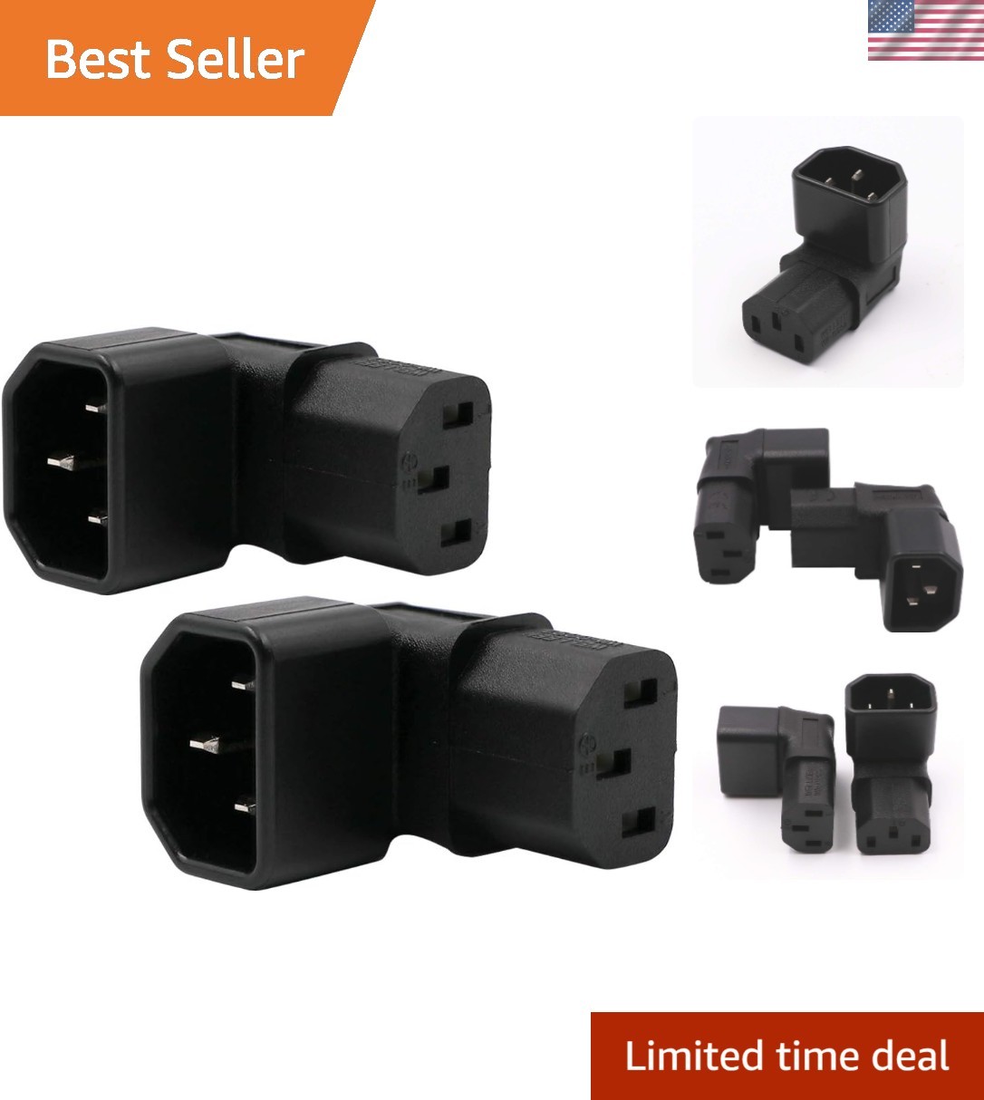 Durable 90 Degree IEC C14 to C13 Power Adapter for TVs - 2 Pack, PV Certified