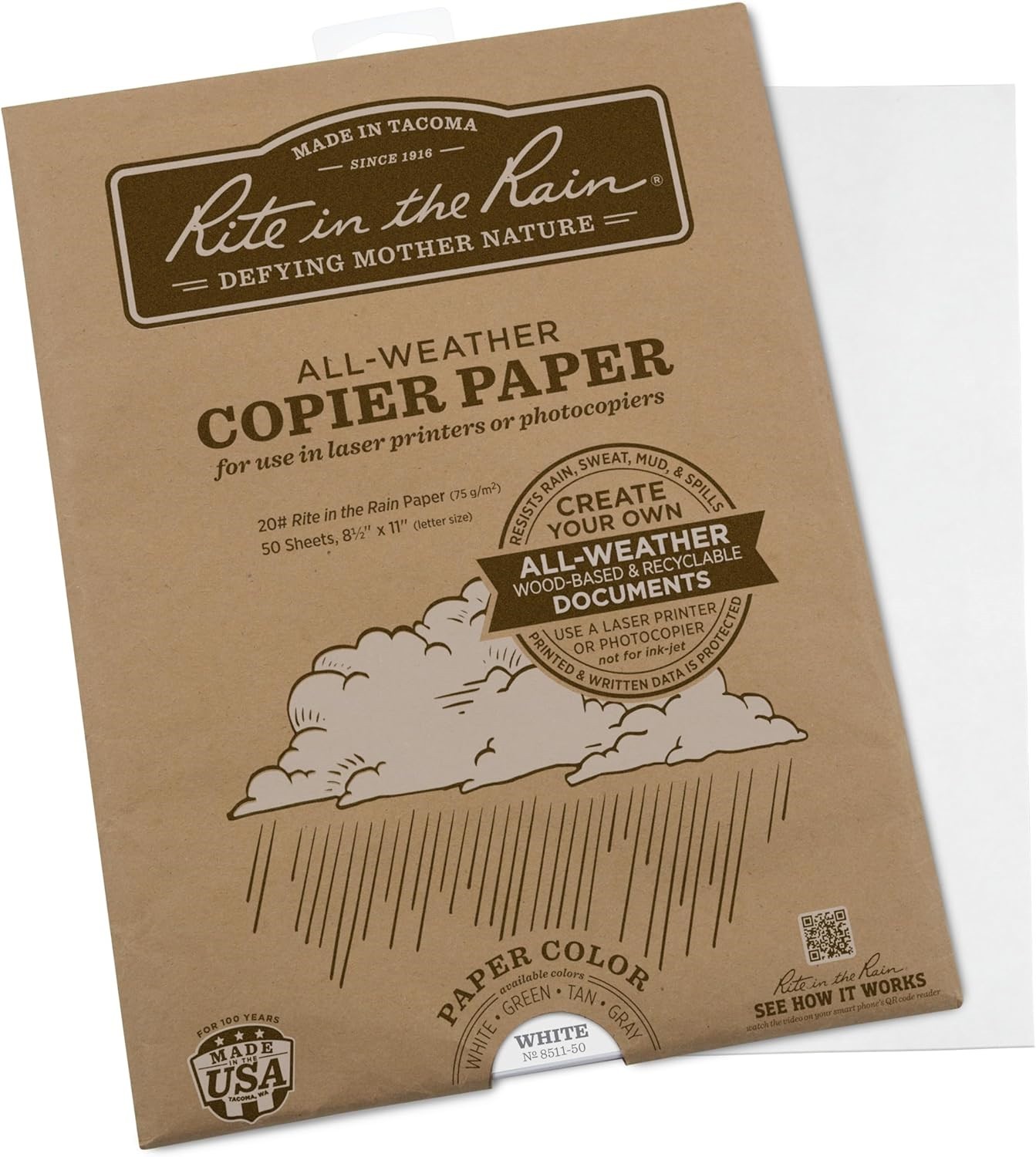 Rite In The Rain Weatherproof Laser Printer Copier Paper, 8.5" x 11", 50 Sheets