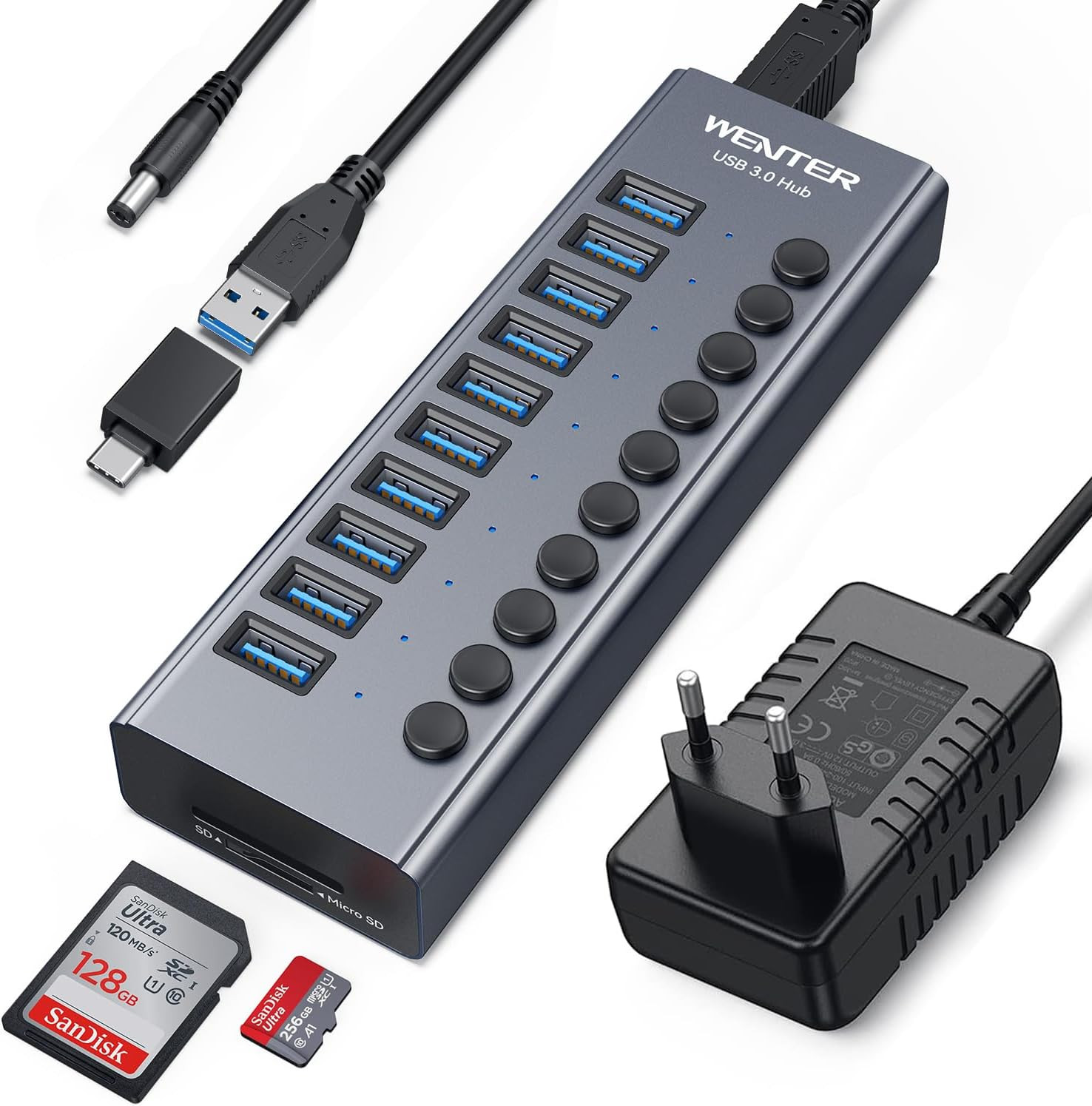 Powered USB 3.0 Hub,  10 Ports 36W Powered USB Hub, Aluminum USB Splitter