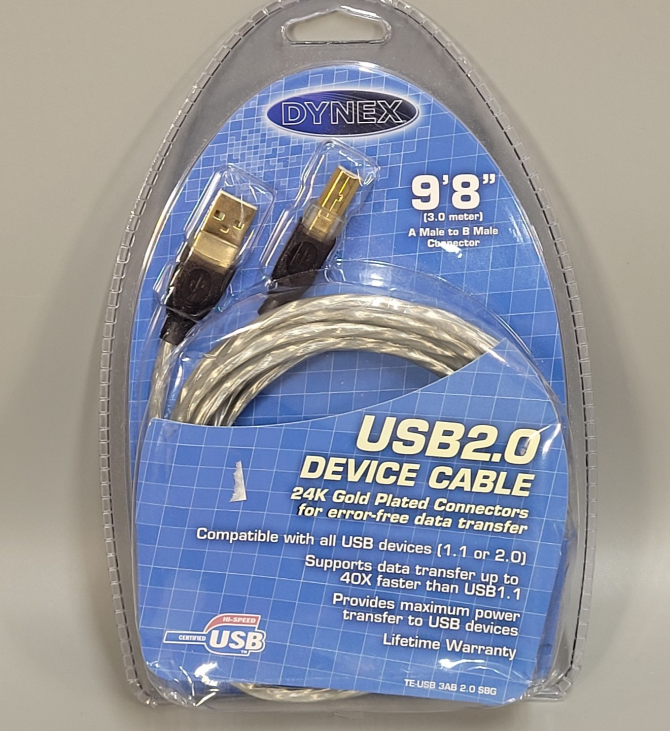Dynex USB 2.0 Device Cable 9ft 8in Gold Plated Connectors NIB New Sealed