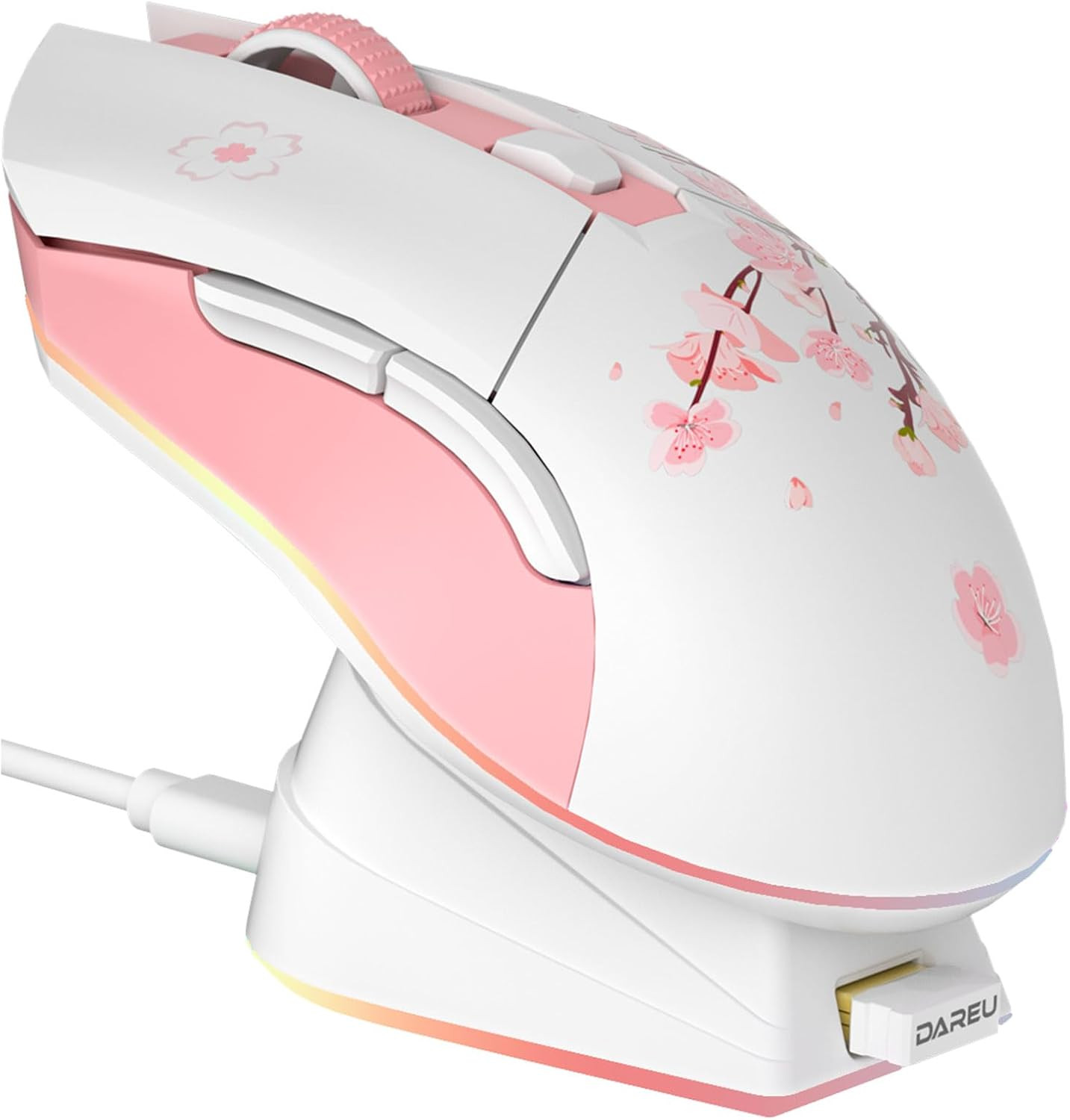 Sakura Pink Wireless Gaming Mouse with Charging Dock Rechargeable RGB,12K DPI,6