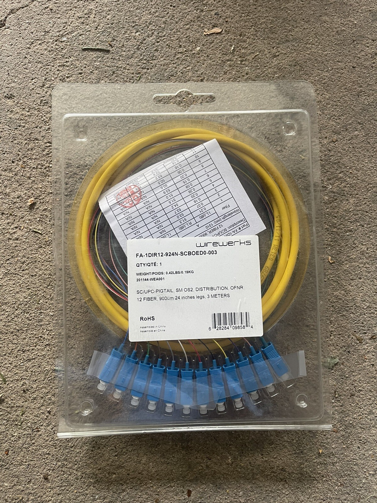 Wirewerks SC/UPC Pigtail Single mode OS2 OFNP 12 Fiber 900um 24" Legs 3 Meters