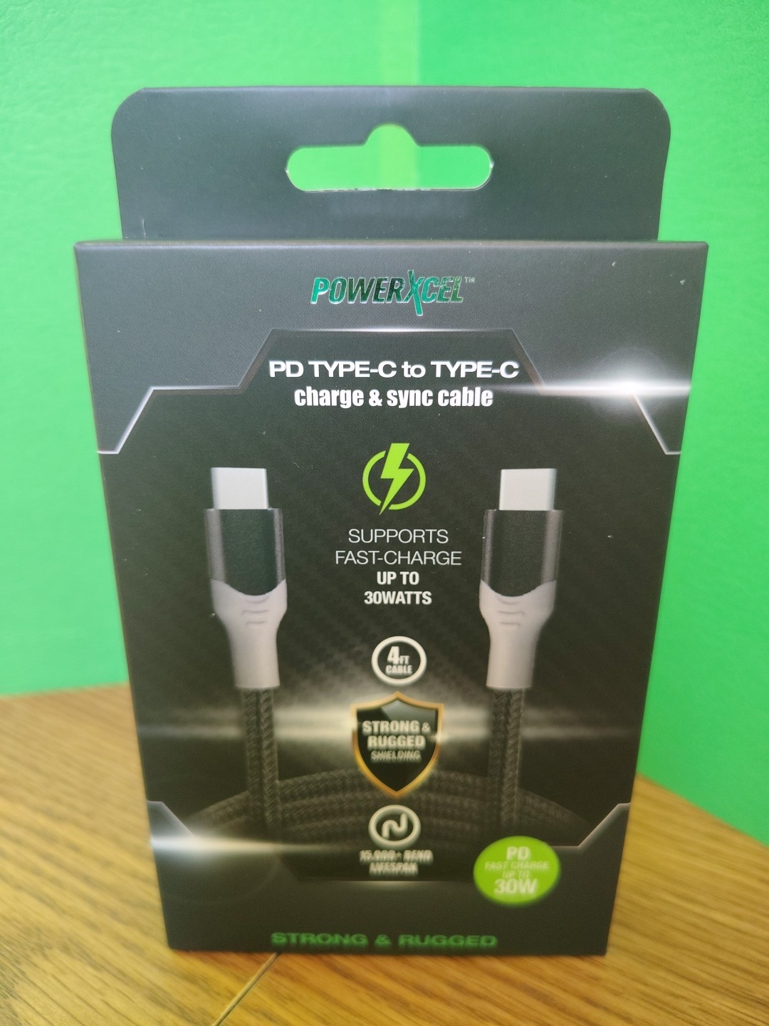 PowerXcel PD Fast Charge Type-C to Type-C Cable 4ft Black Strong & Rugged
