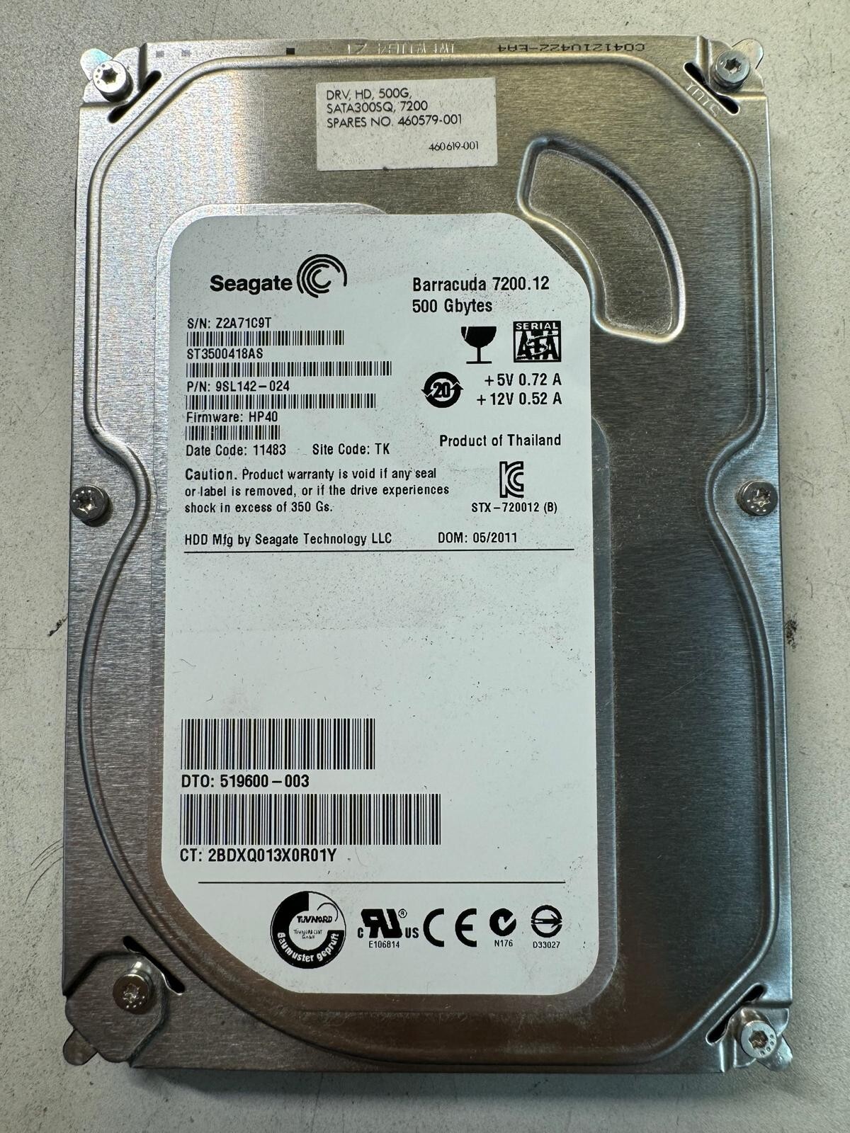 SEAGATE ST3500418AS 9SL142-024 500GB Firmware HP40 Code 11483 SATA 3.5" HDD