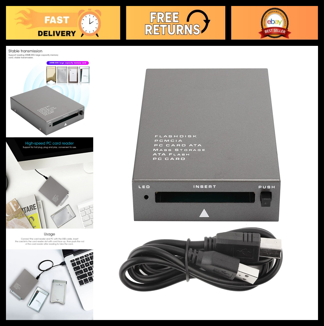 USB 2.0 PCMCIA Card Reader, Plug & Play, Supports 20MB-20GB, Hot Swap, ATA