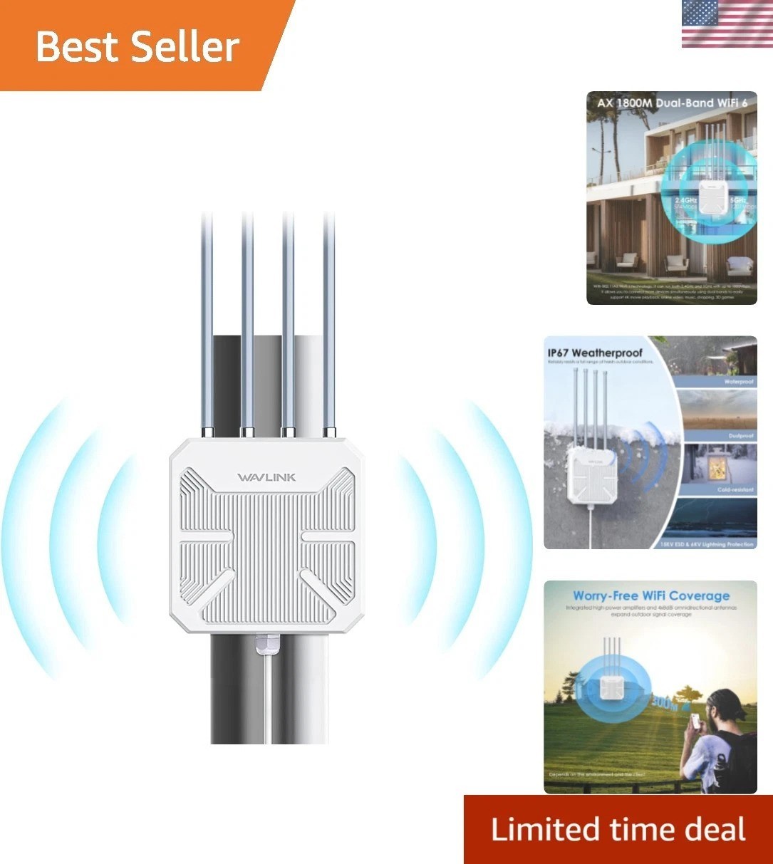 2026 AX1800 Outdoor WiFi 6 Extender Long Range,  Weatherproof
