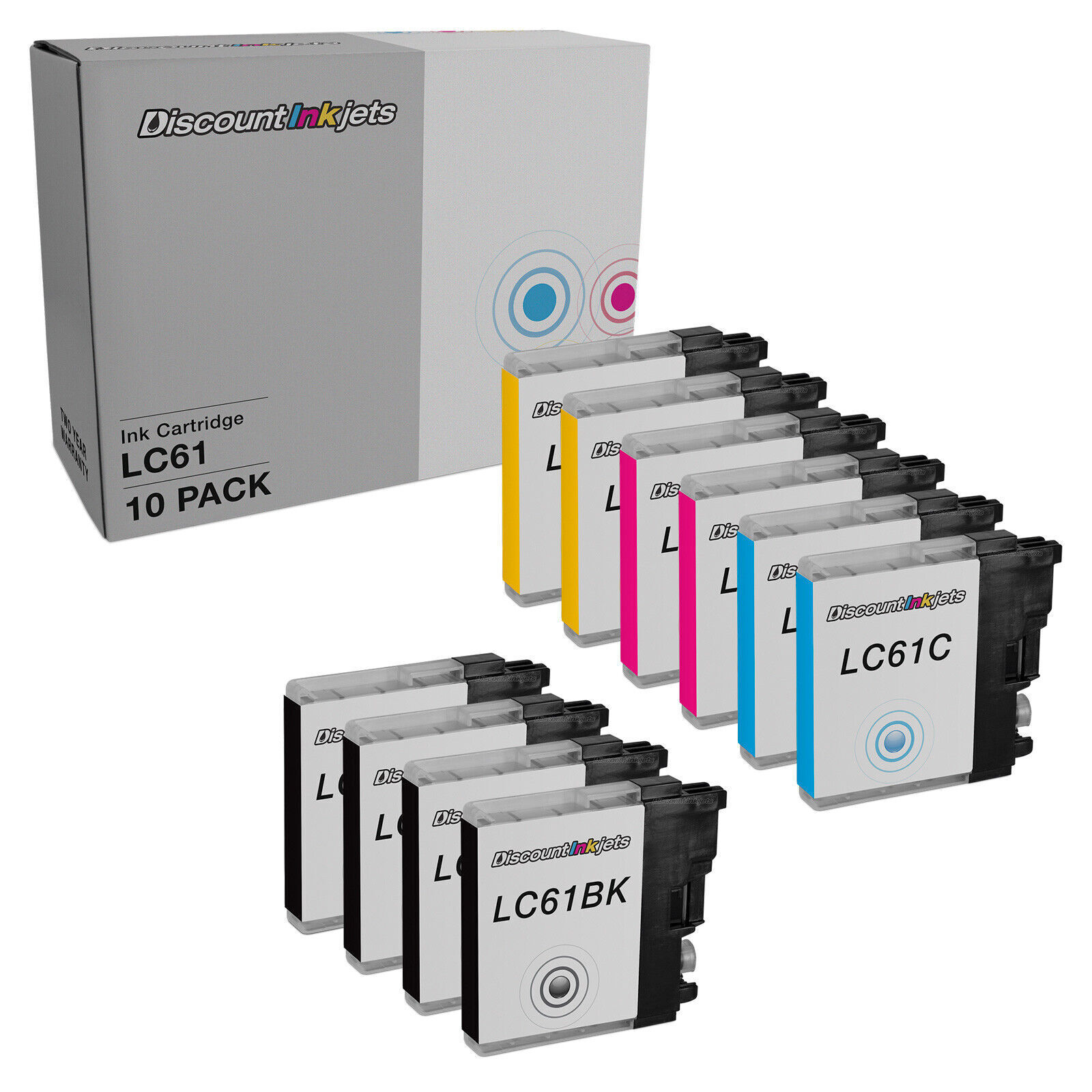 Compatible Ink Cartridge for Brother LC61 Series (4 B, 2 C, 2 M, 2 Y, 10-Pk)