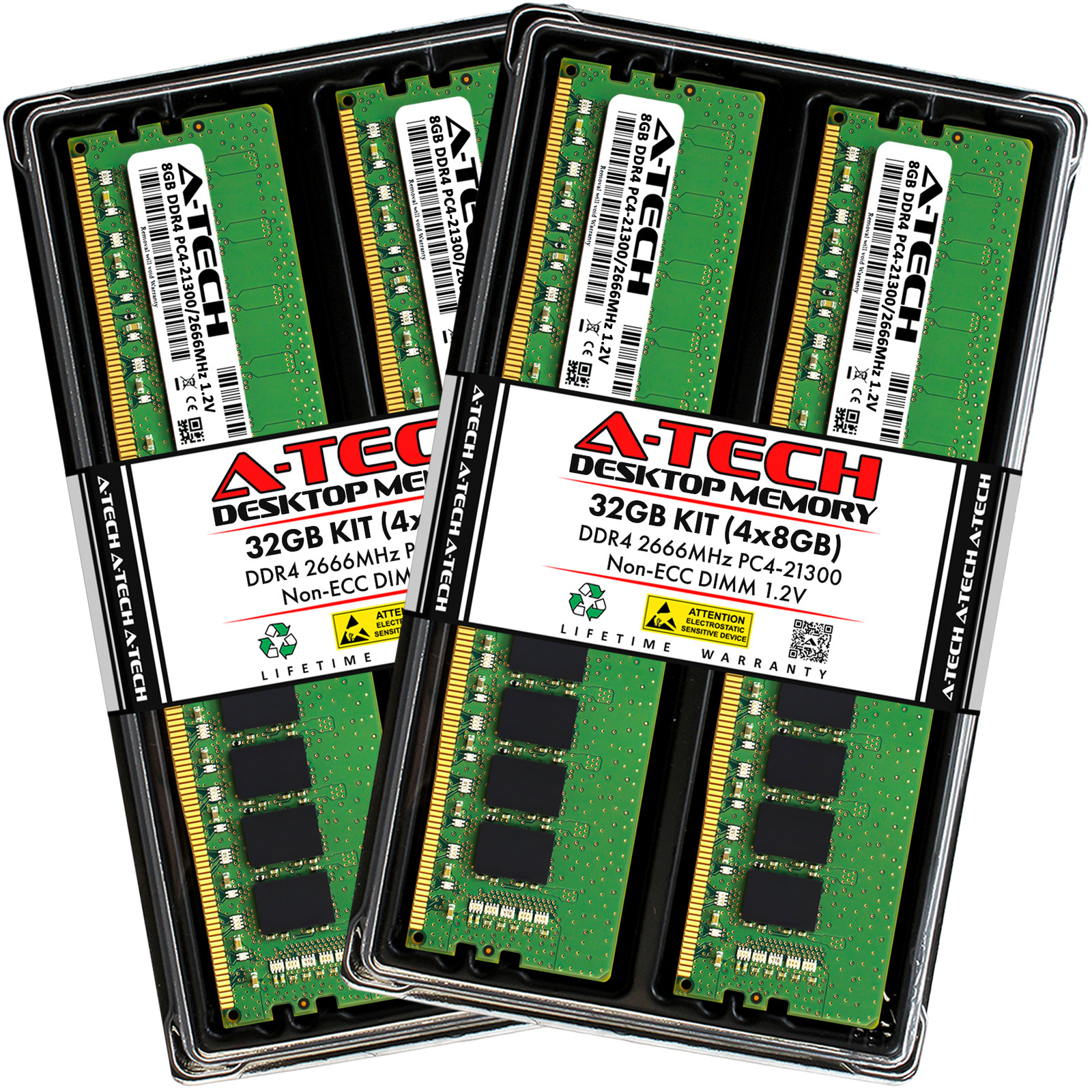 A-Tech 32GB 4x 8GB DDR4 2666 PC4-21300 Desktop 288-Pin DIMM Memory RAM Kit 32G