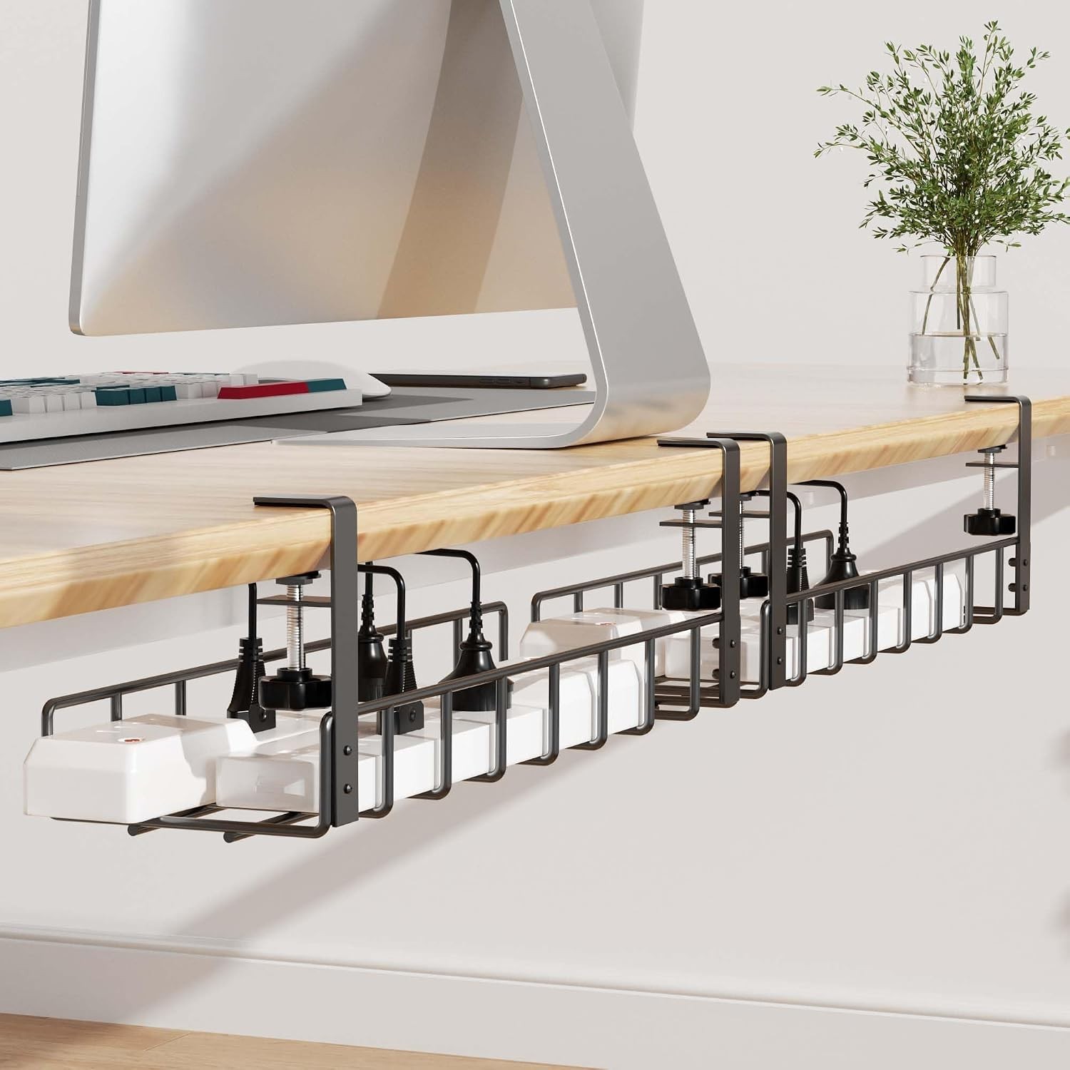 🖥️ 2 Pack 31.4" Under Desk Cable Management Tray, No Drill Clamp, Metal Rack