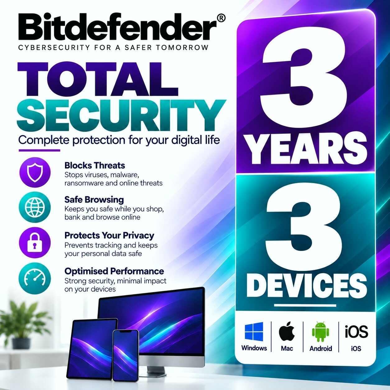 Bitdefender Total Security | 3 Years | 3 Devices | Windows,Mac,Android