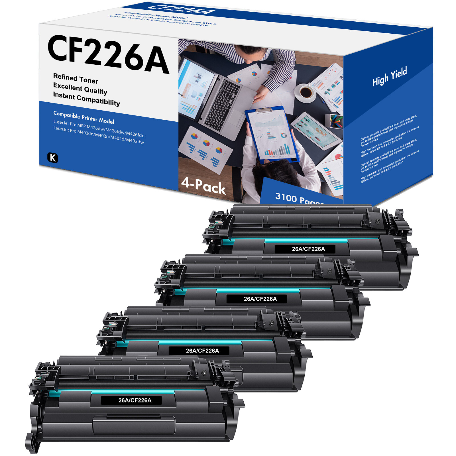4 Pack 26A Toner Compatible with HP CF226A LaserJet Pro M402n M402dn MFP M426fdw