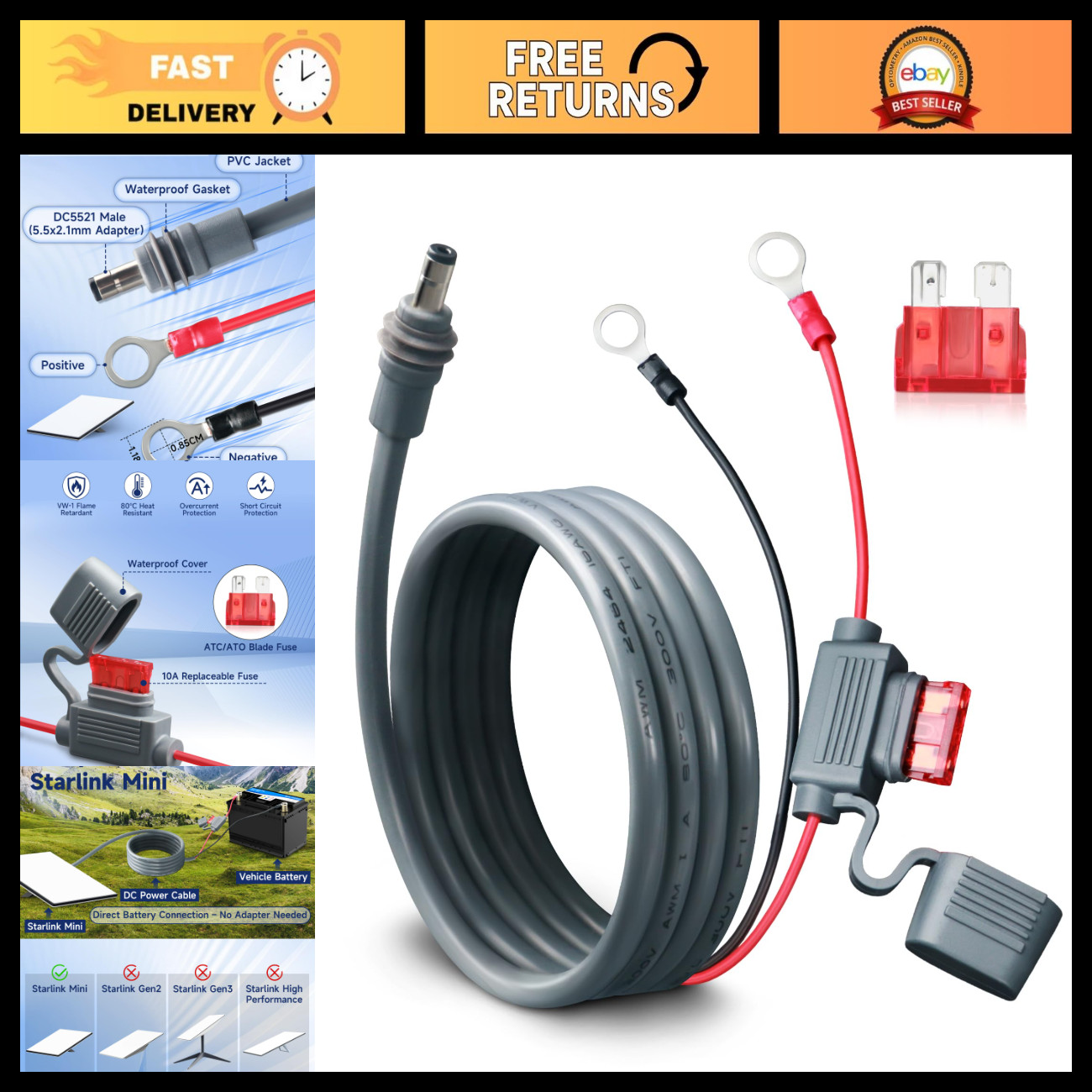 10FT 16AWG Direct Battery Power Cable for Starlink Mini, High-Quality Connector