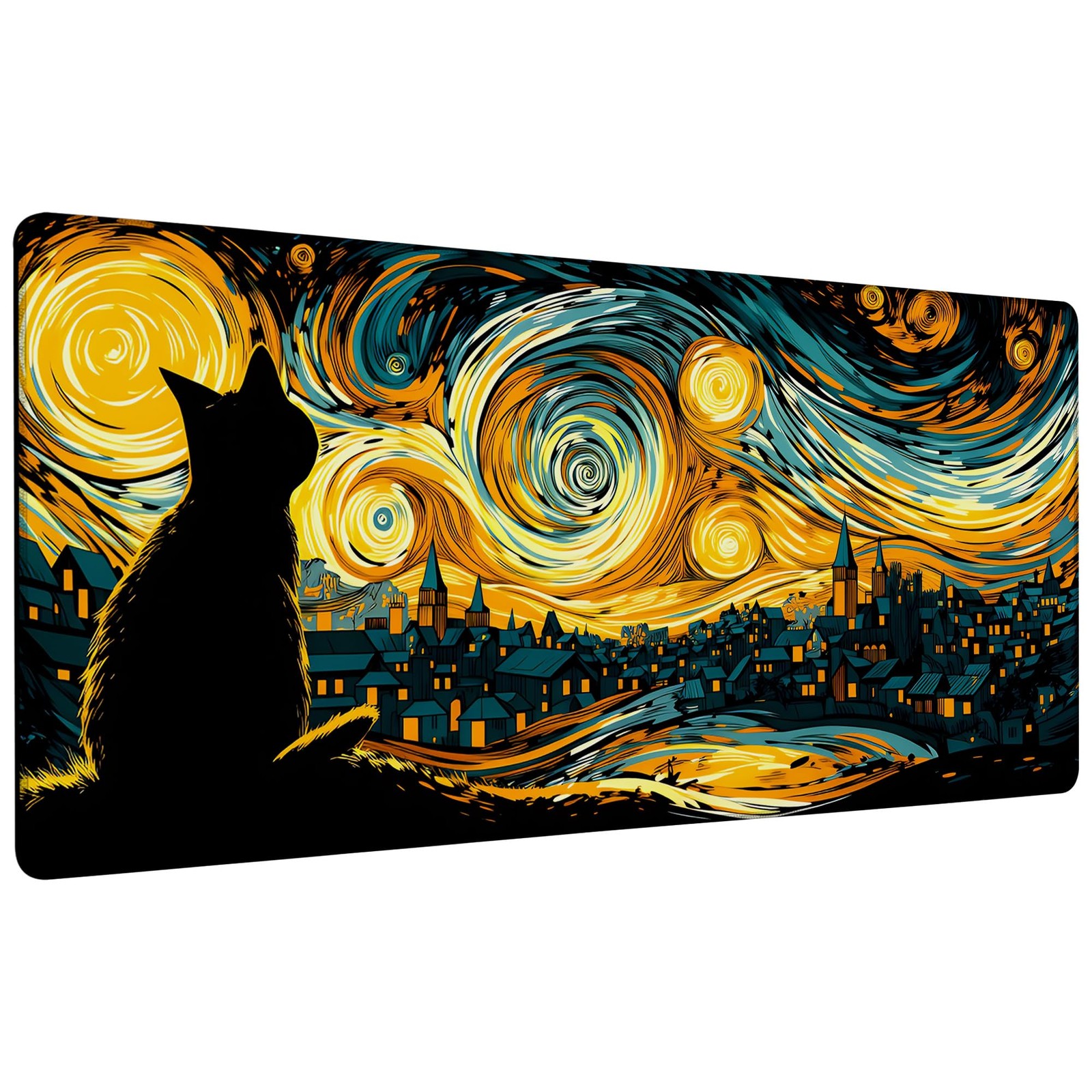 Yellow Starry Night Cat Pad,35.4 x 15.7 Inch Large Mat Non-Slip Stitched Edge...