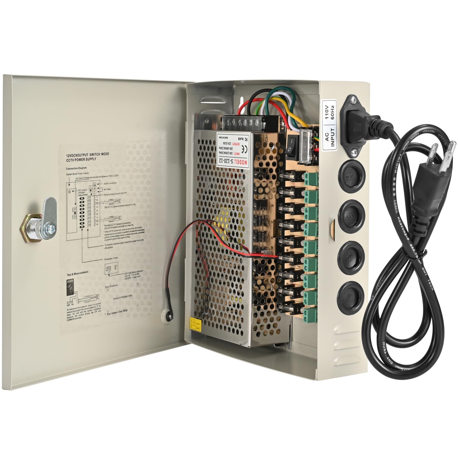 CCTV Power Supply Box 9 Channel 12V 5A Metal Distribution Resettable Fuse