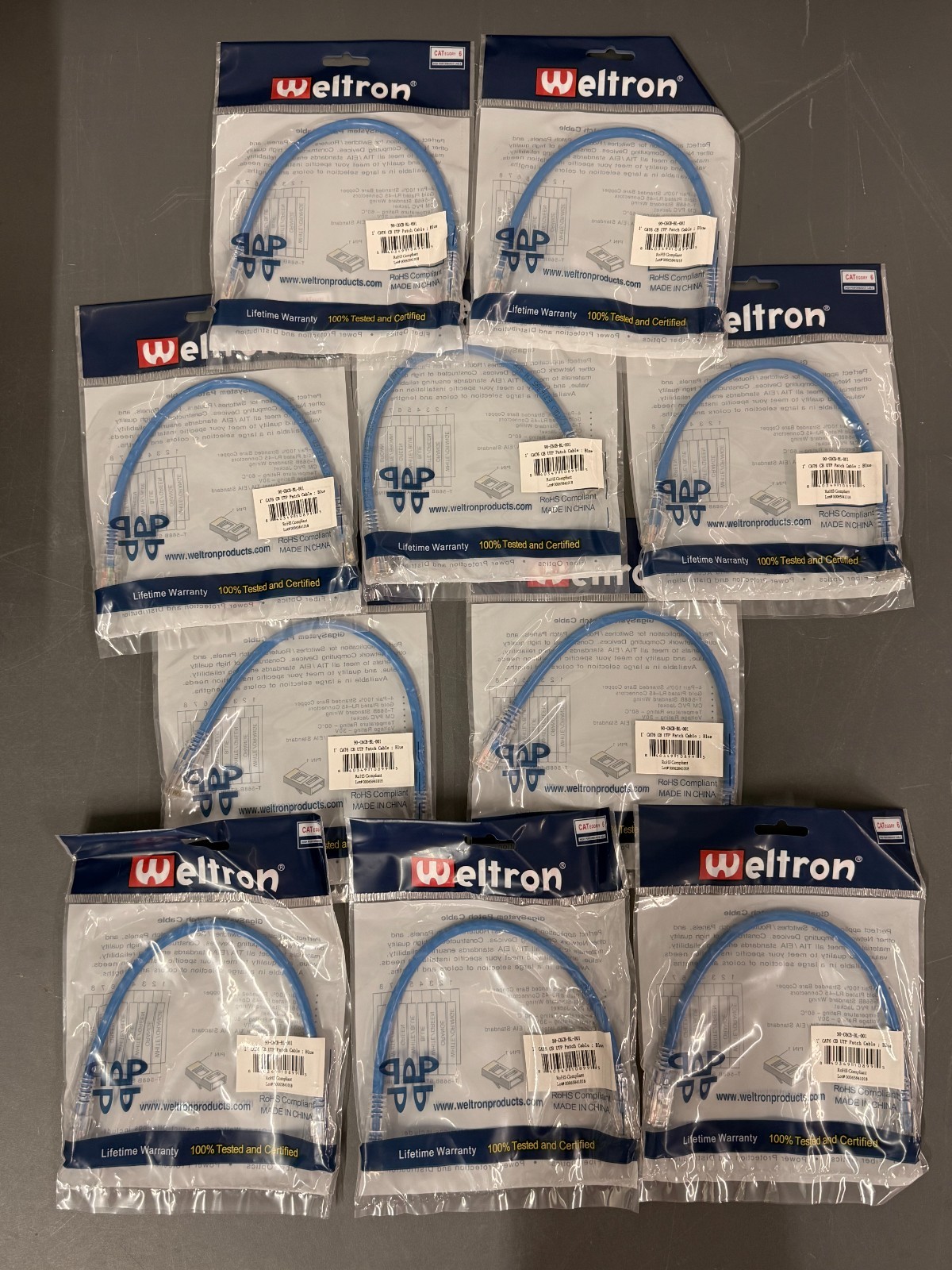 BAG OF 10 Weltron 1' Blue CAT6 RJ45 Snagless Patch Cables # 90-C6CB-BL-001