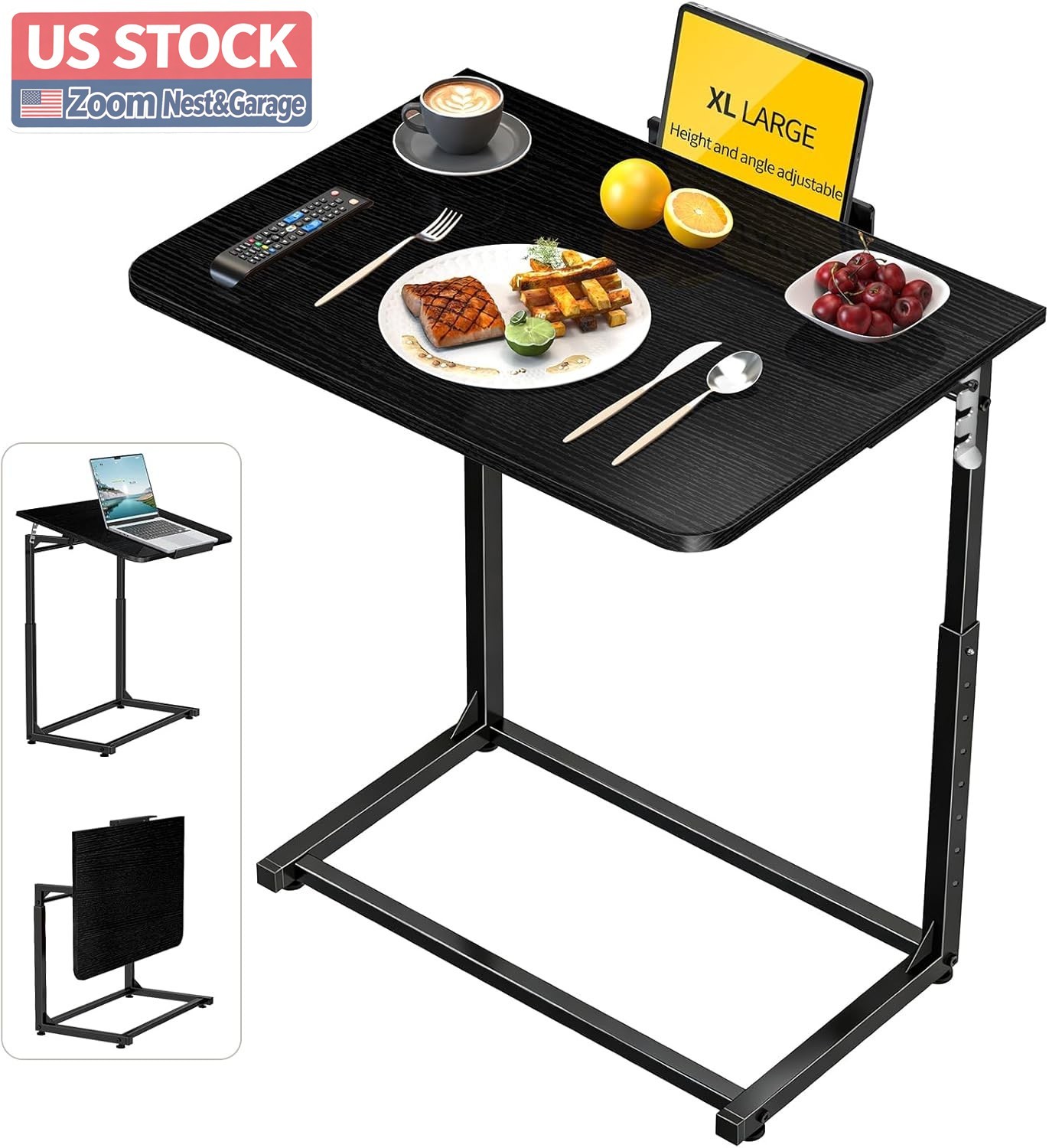 US Stock TV Tray Table Extra Large Couch Bed Eating Desk Foldable Black