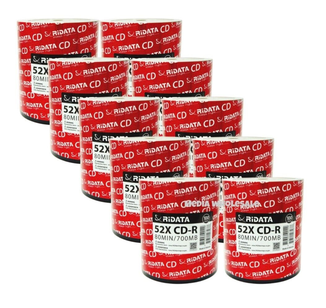 1000 RIDATA Blank 52X CD-R CDR Branded Logo 700MB Recordable Media Disc 10x100pk