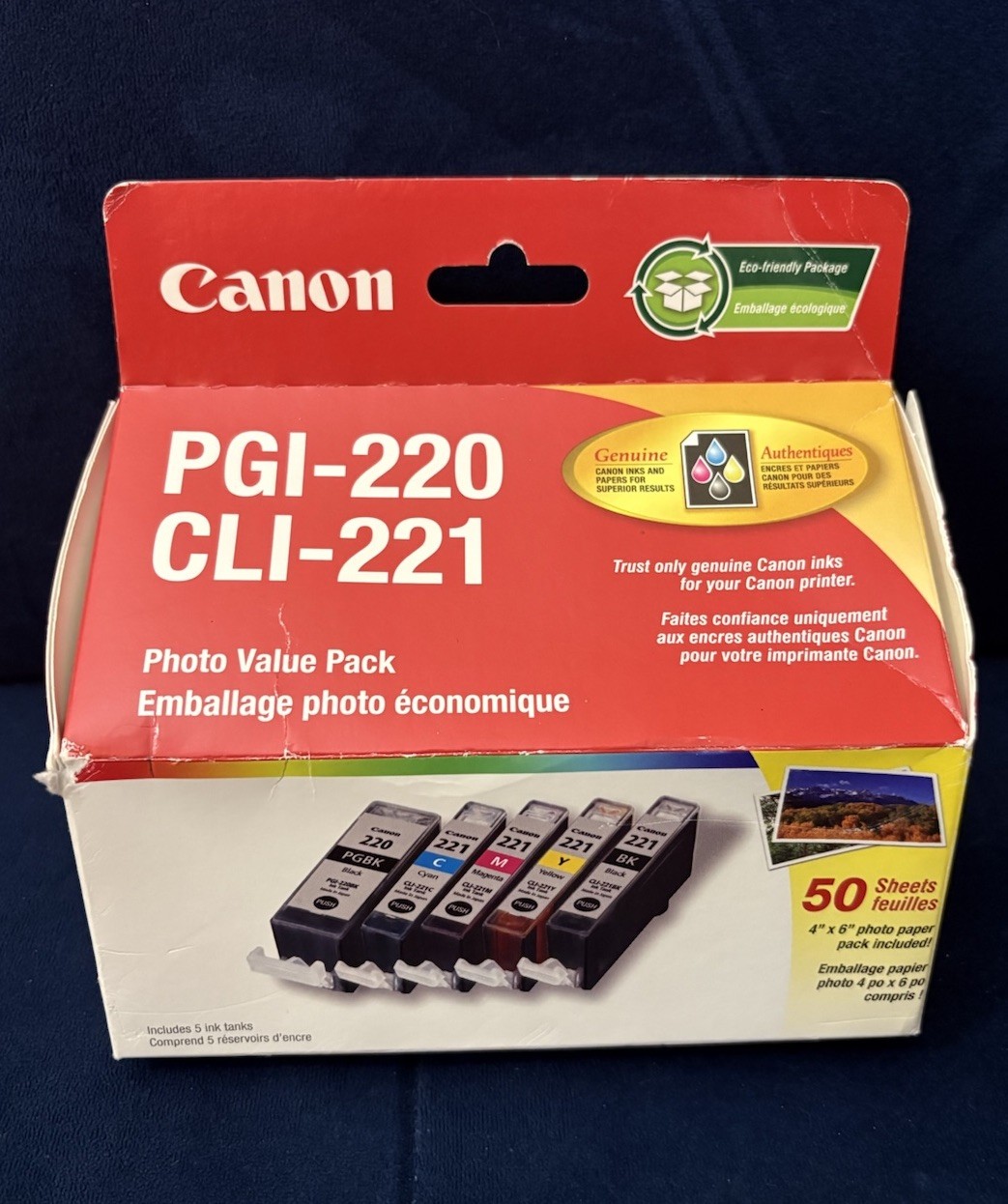 Canon PGI-220/CLI-221 2 Black and 3 Color Combo Ink Pack w/ Photo Paper New NIB