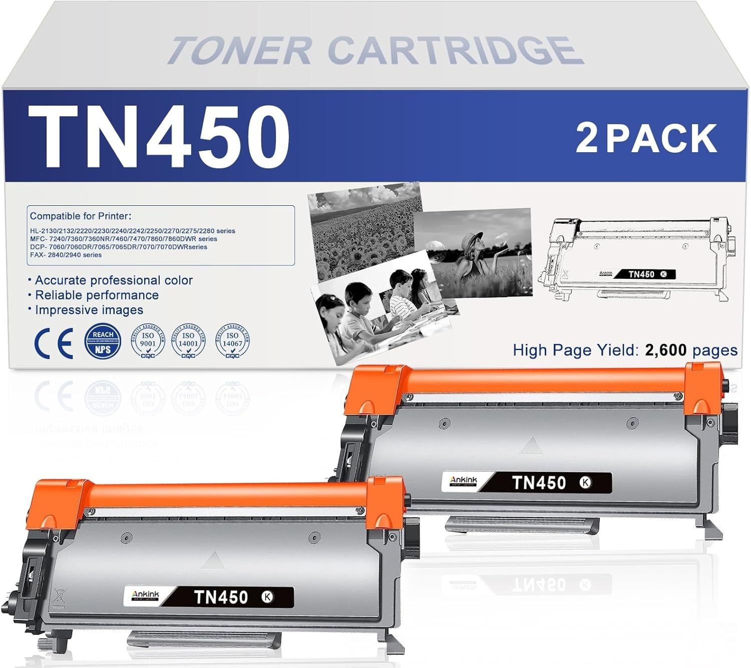 NEW TN450 TN-450 High Yield Toner Cartridge For Brother Replacement - 2PK