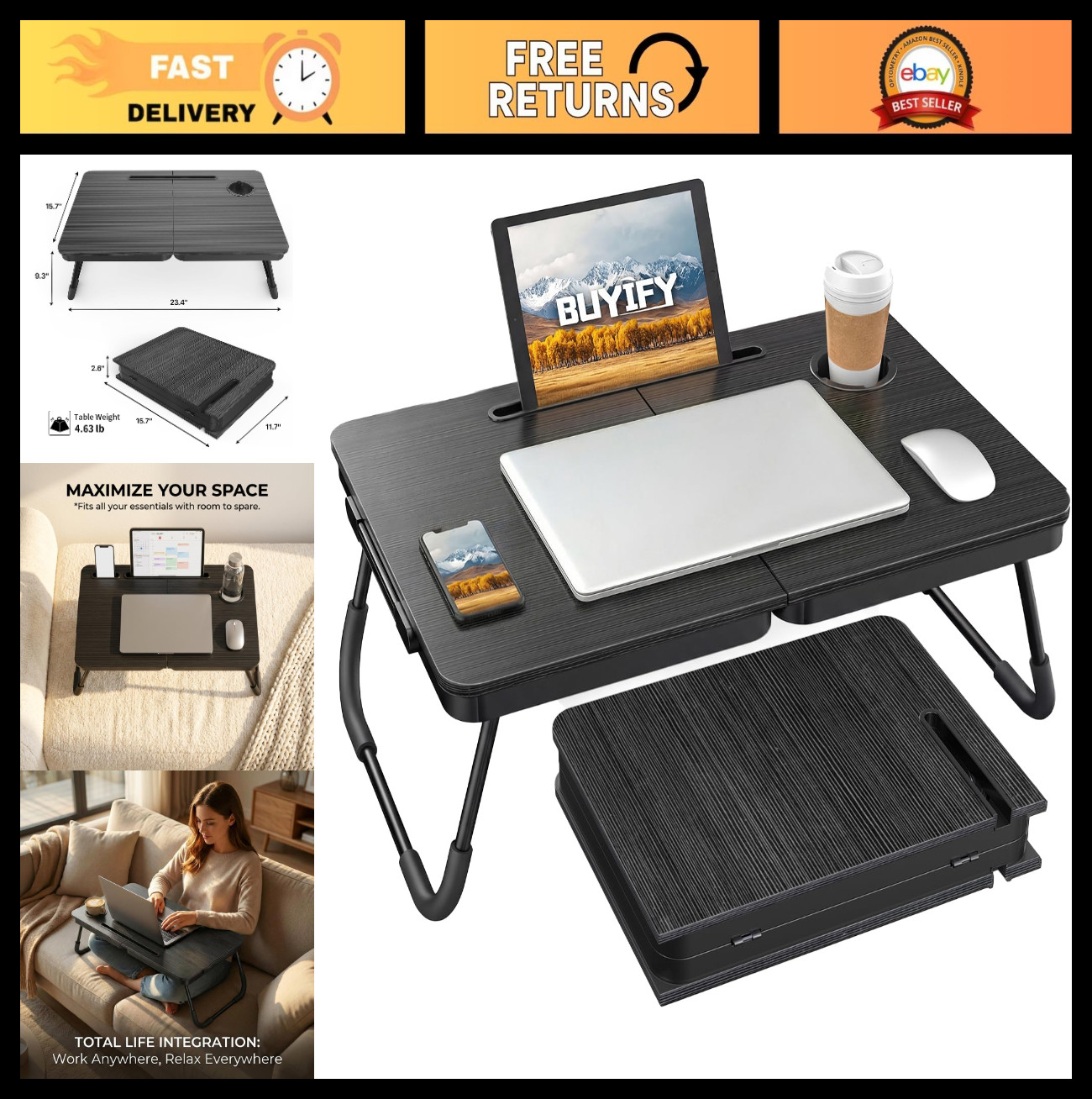 Foldable Laptop Bed Desk Tray Table with Cup Holder & Tablet Slot - Portable Lap