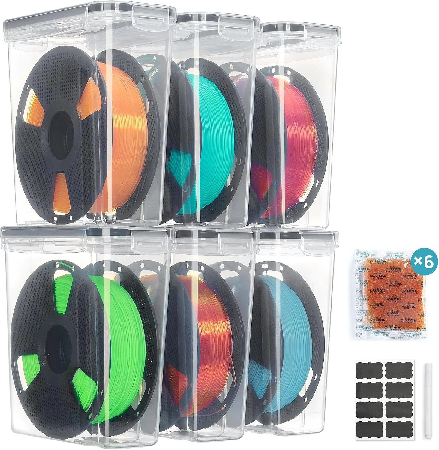 Filament Storage Box, 6 Pack, Clear, for 1KG Spools | Desiccant, Labels & Marker