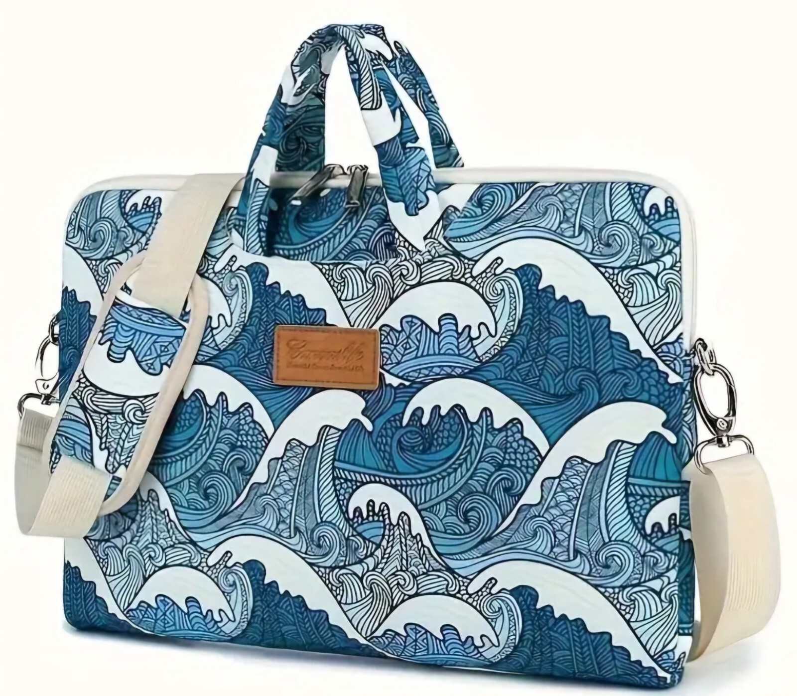 Blue Waves Ocean Laptop Computer Bag Geometric Zip Pockets Shoulder Strap Sea