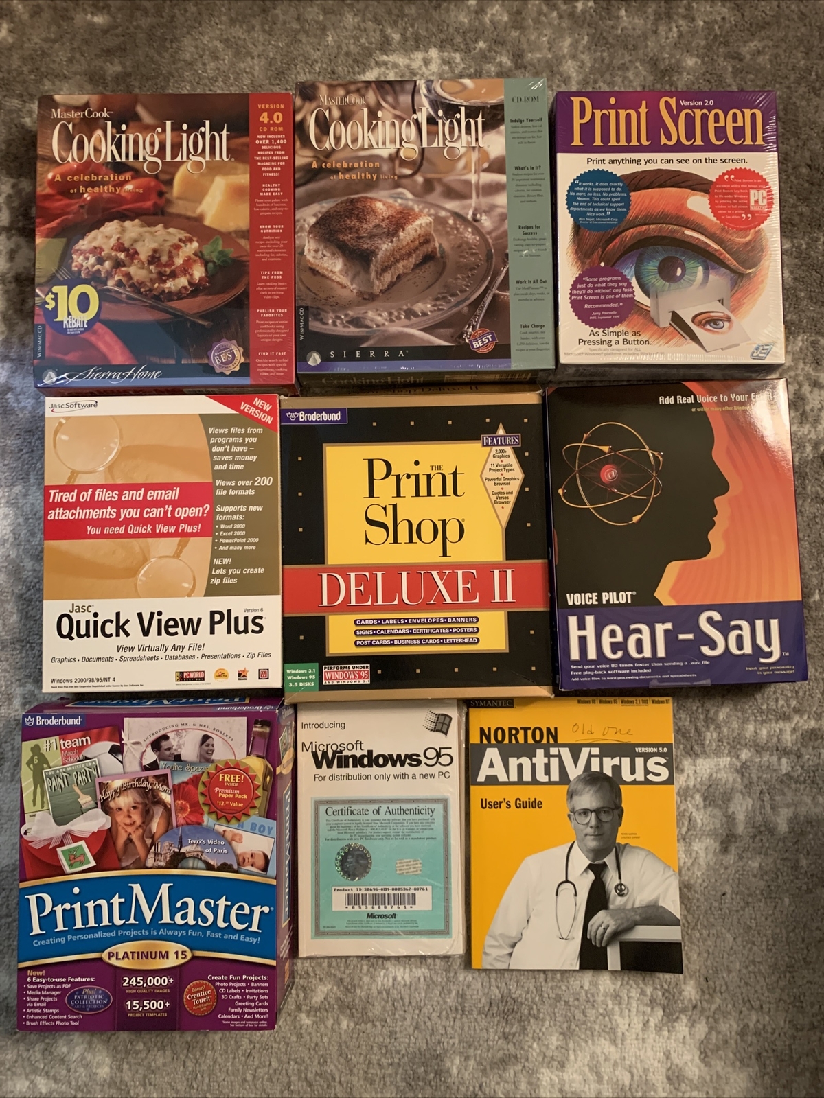 Lot of 9 Vintage Big Box PC Software Most Sealed PrintMaster Windows 95 & 98
