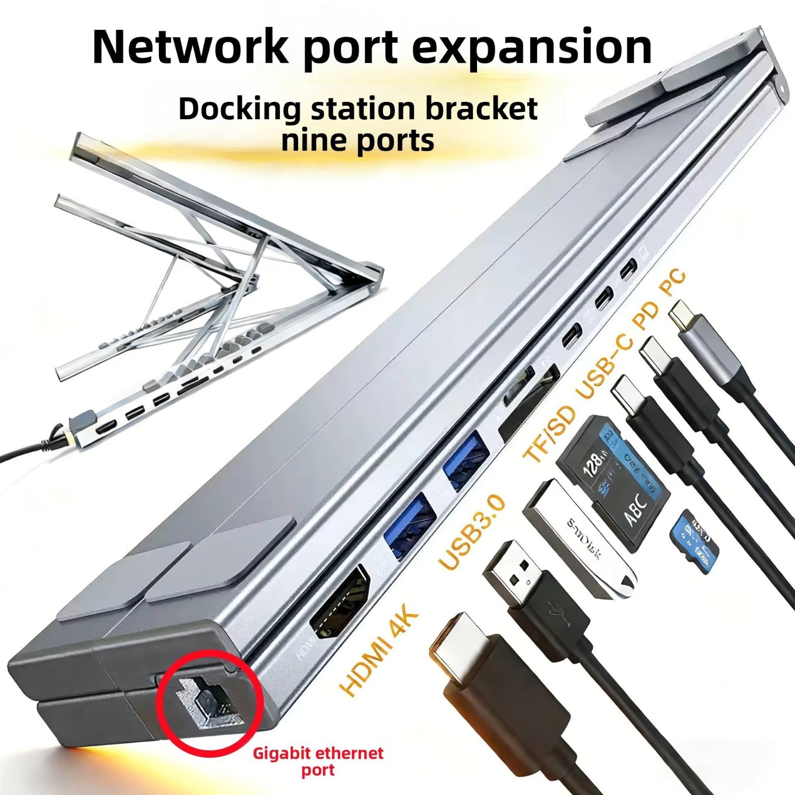 USB C Laptop Docking Station Stand 9 in 1 Hub Gigabit Ethernet 4K HDMI 100W PD