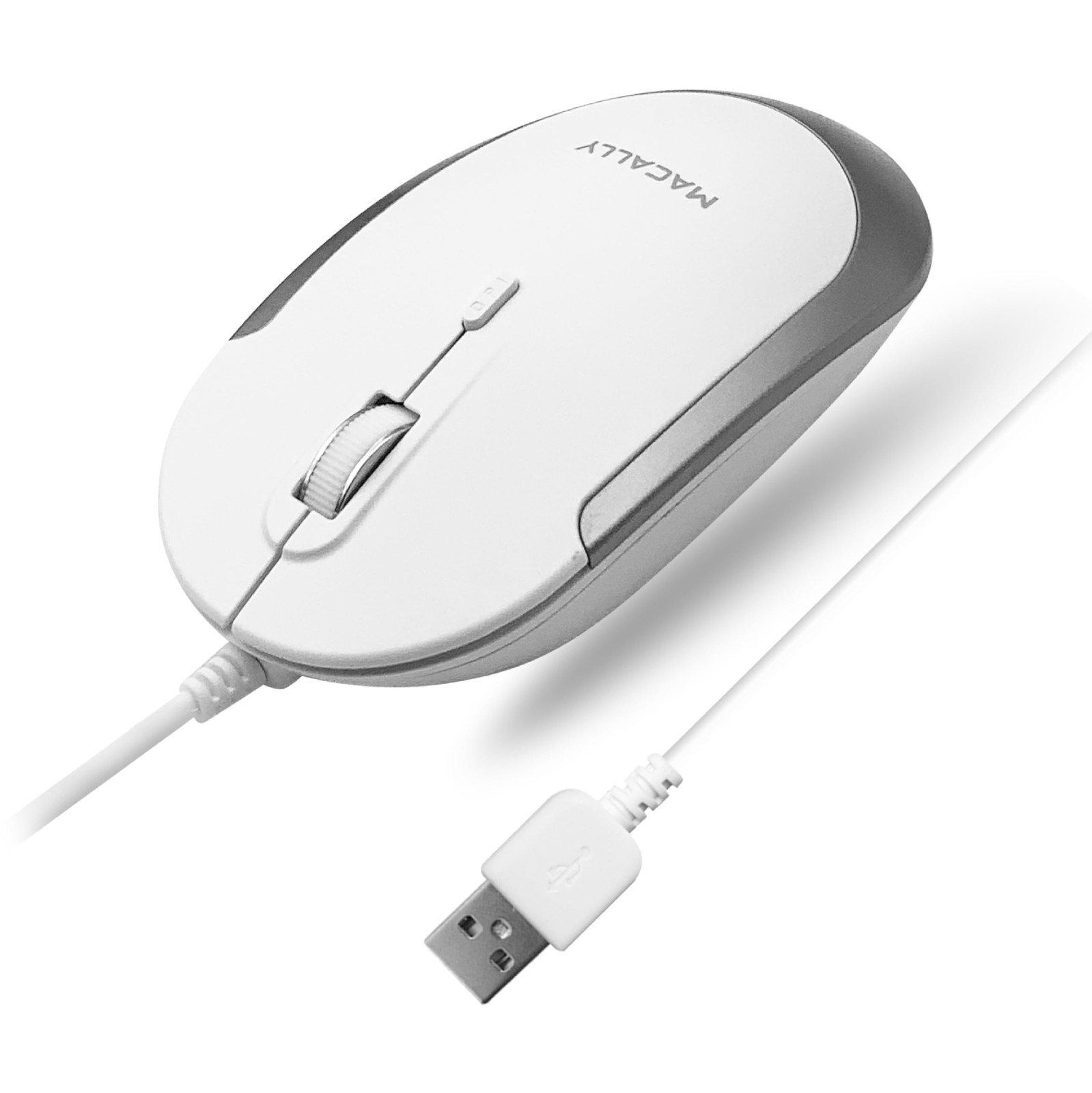 Macally Silent Wired Mouse - Slim & Compact Pack of 1, White with Silver Trim