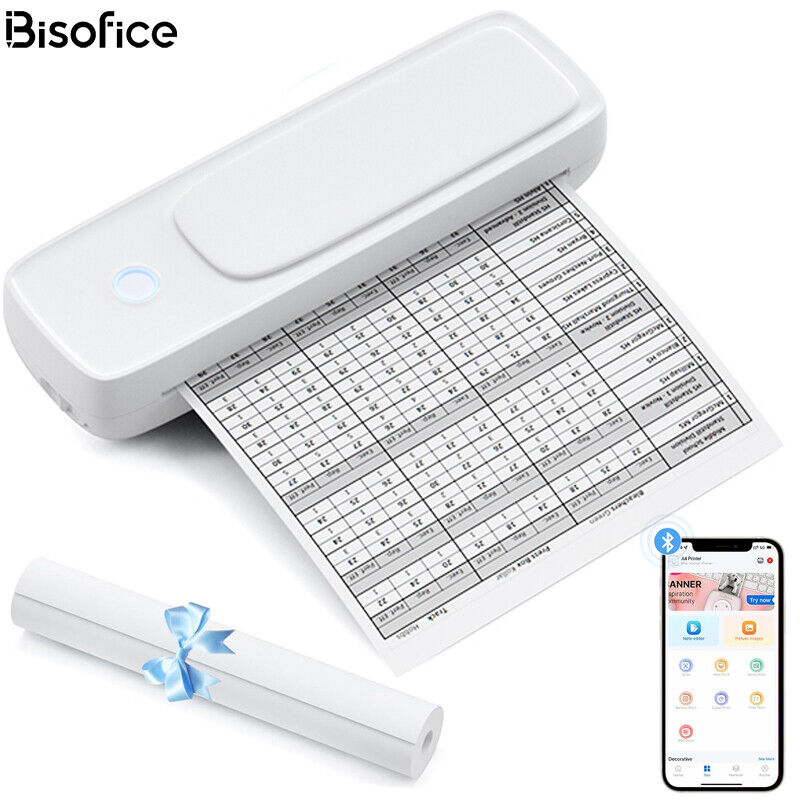 BISOFICE Portable Wireless A4 BT Thermal Printer for Travel w A4 Paper Roll F5G2