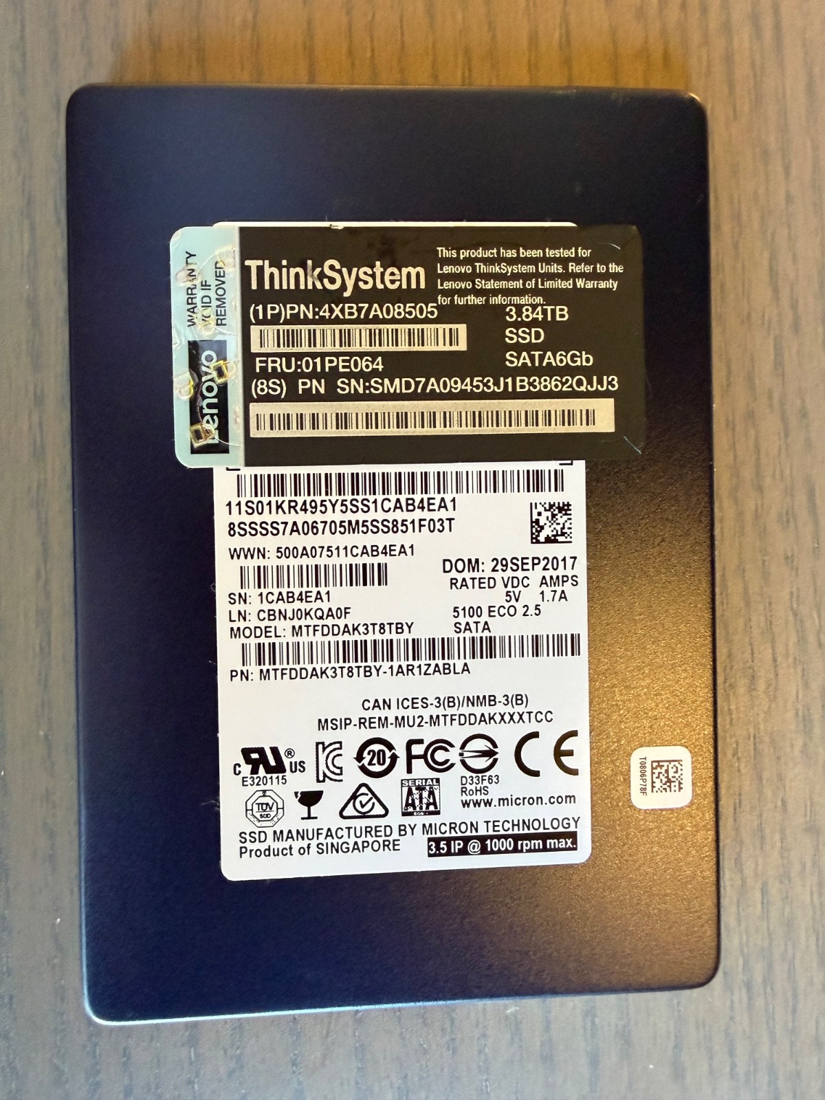 Micron 5100 Eco 3.84TB 2.5" SATA SSD MTFDDAK3T8TCBY 100% HEALTH (Lenovo)