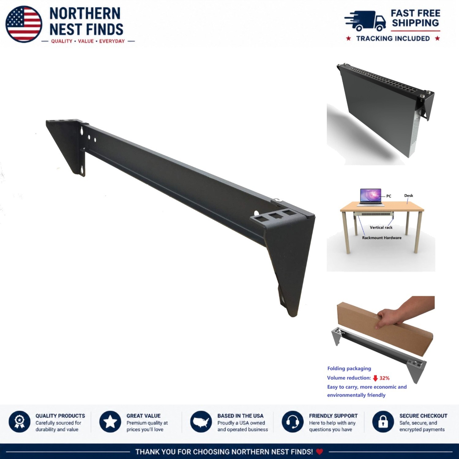 1U 19 Inch Steel Vertical Wall Mount Network Server Rack Bracket Hardware