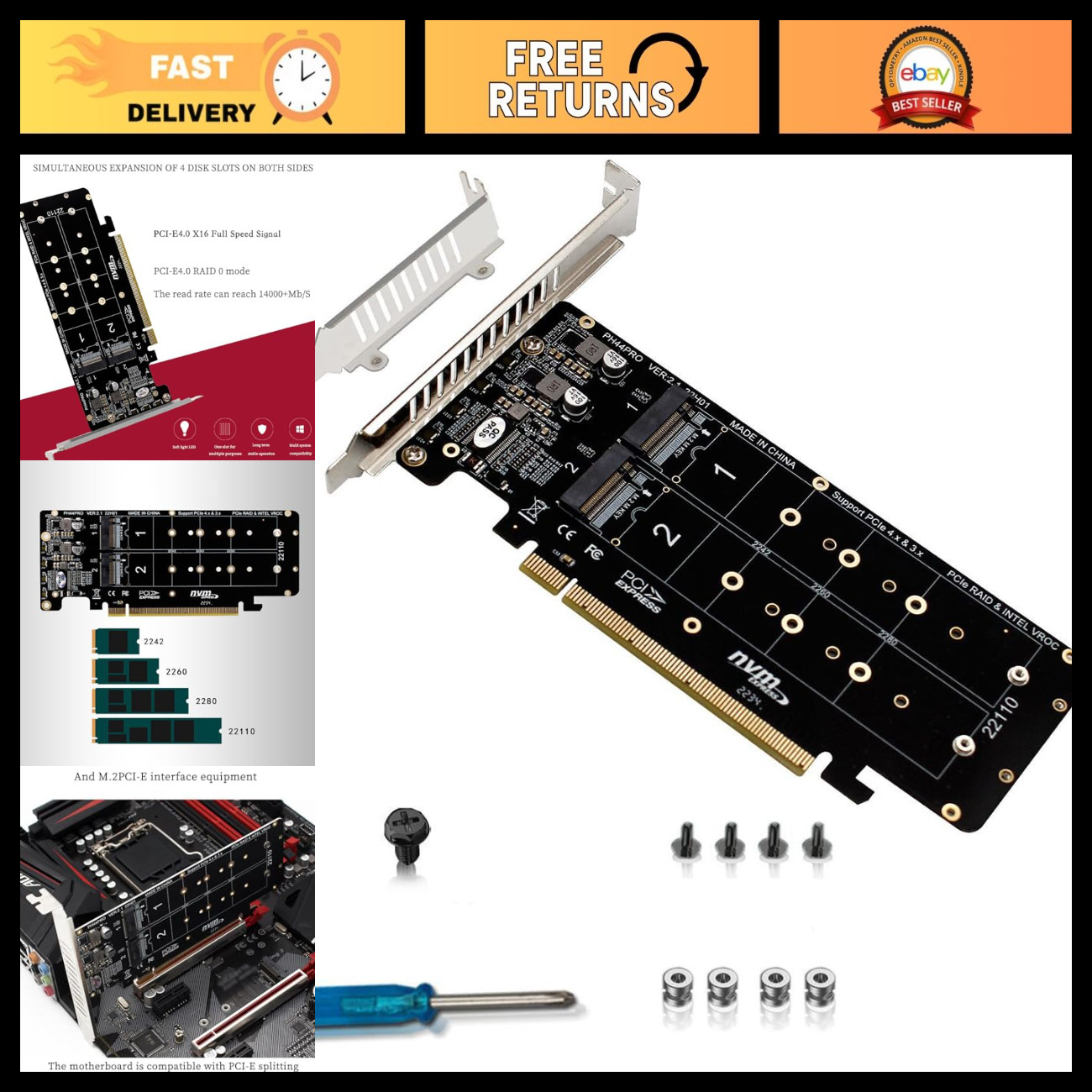 Dual-Sided M.2 NVMe to PCIe X16 Splitter Card, 4x 32Gbps, 2U RAID Expansion Adap