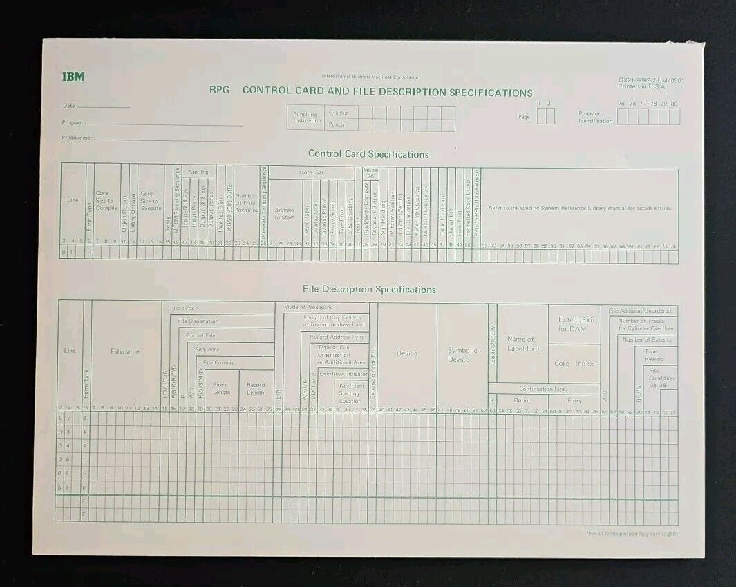 Vintage International Business Machine Corp IBM System 360 RPG Coding Forms Pad