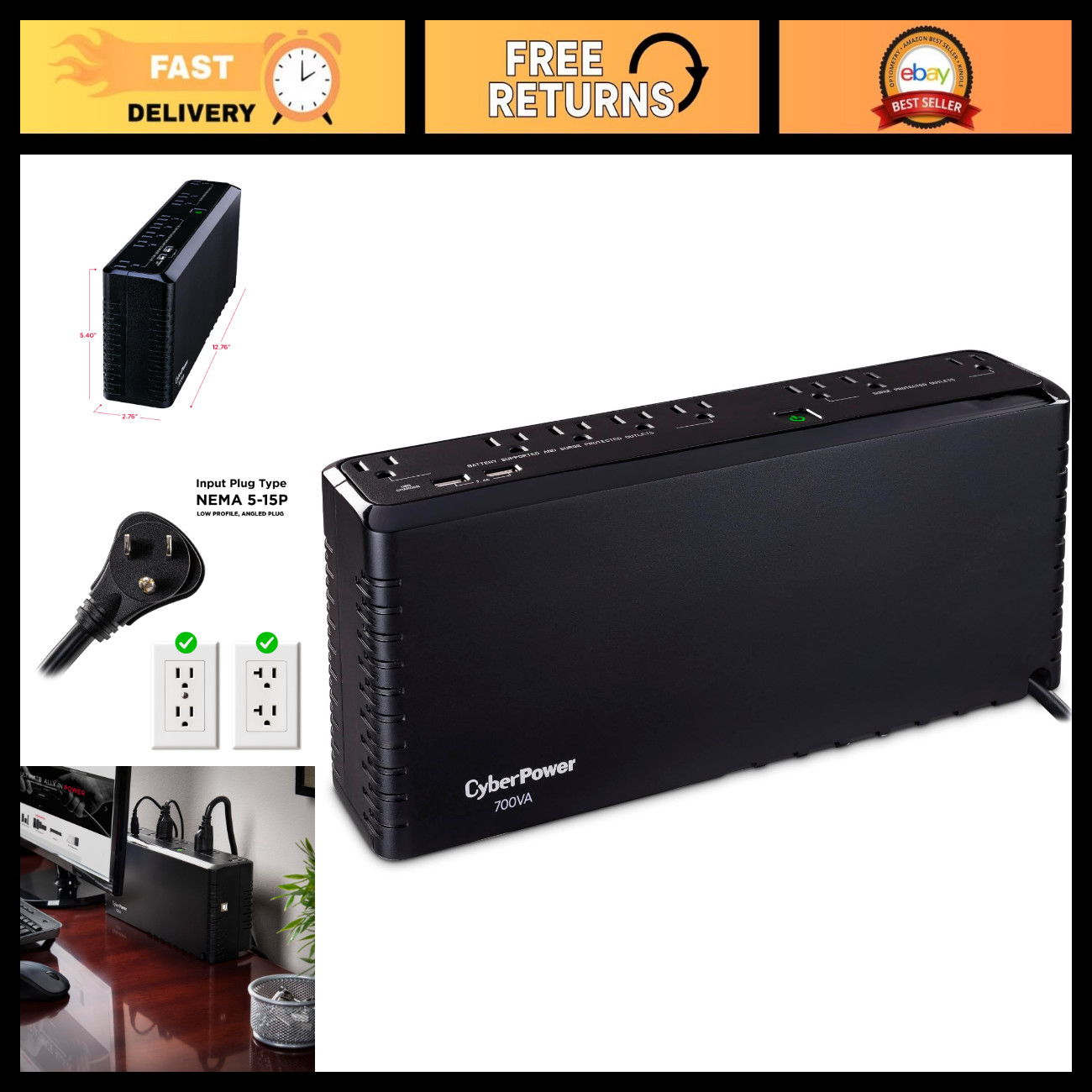 Standby UPS Battery Backup & Surge Protector - 700VA Power Supply, Compact Desig