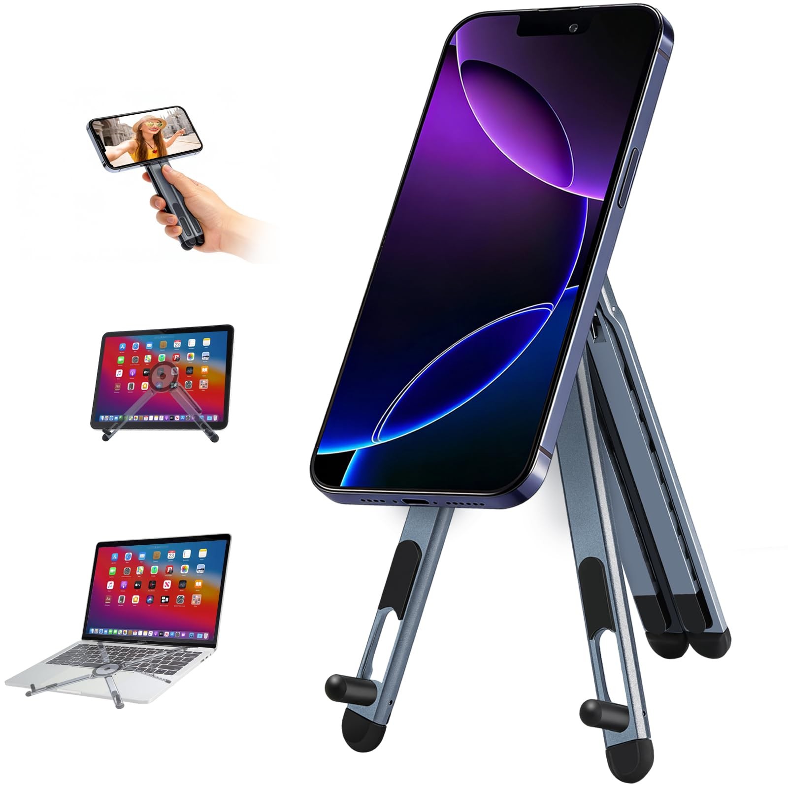 3-in-1 Portable Laptop Stand with Magnetic Phone Holder, Silver