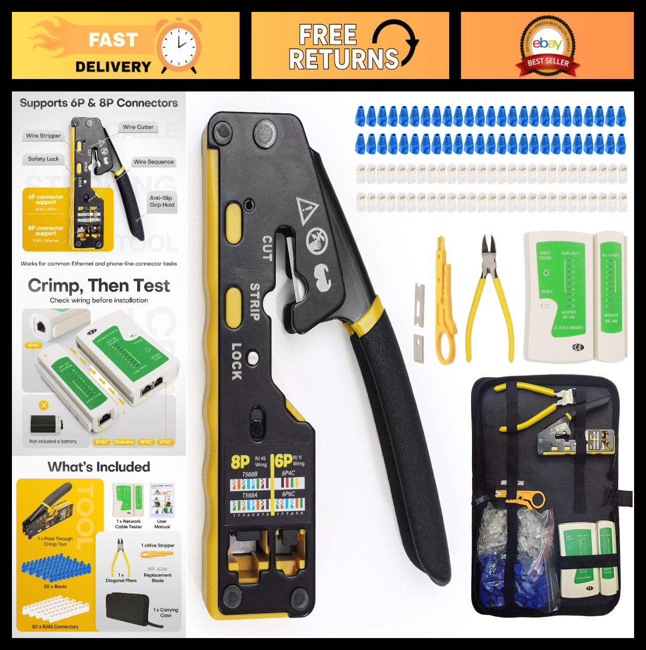 RJ45 Crimp Tool Kit with Tester & Case, Pass-Through Ethernet Crimper for Cat5/6