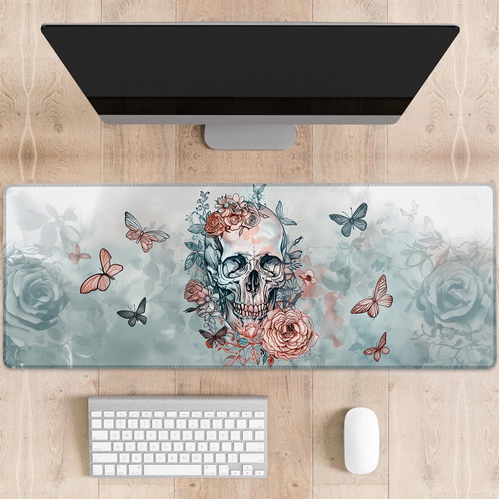 Skull Rose Gaming Mouse Pad Gothic Floral Desk Mat 31.5x11.8 Inch