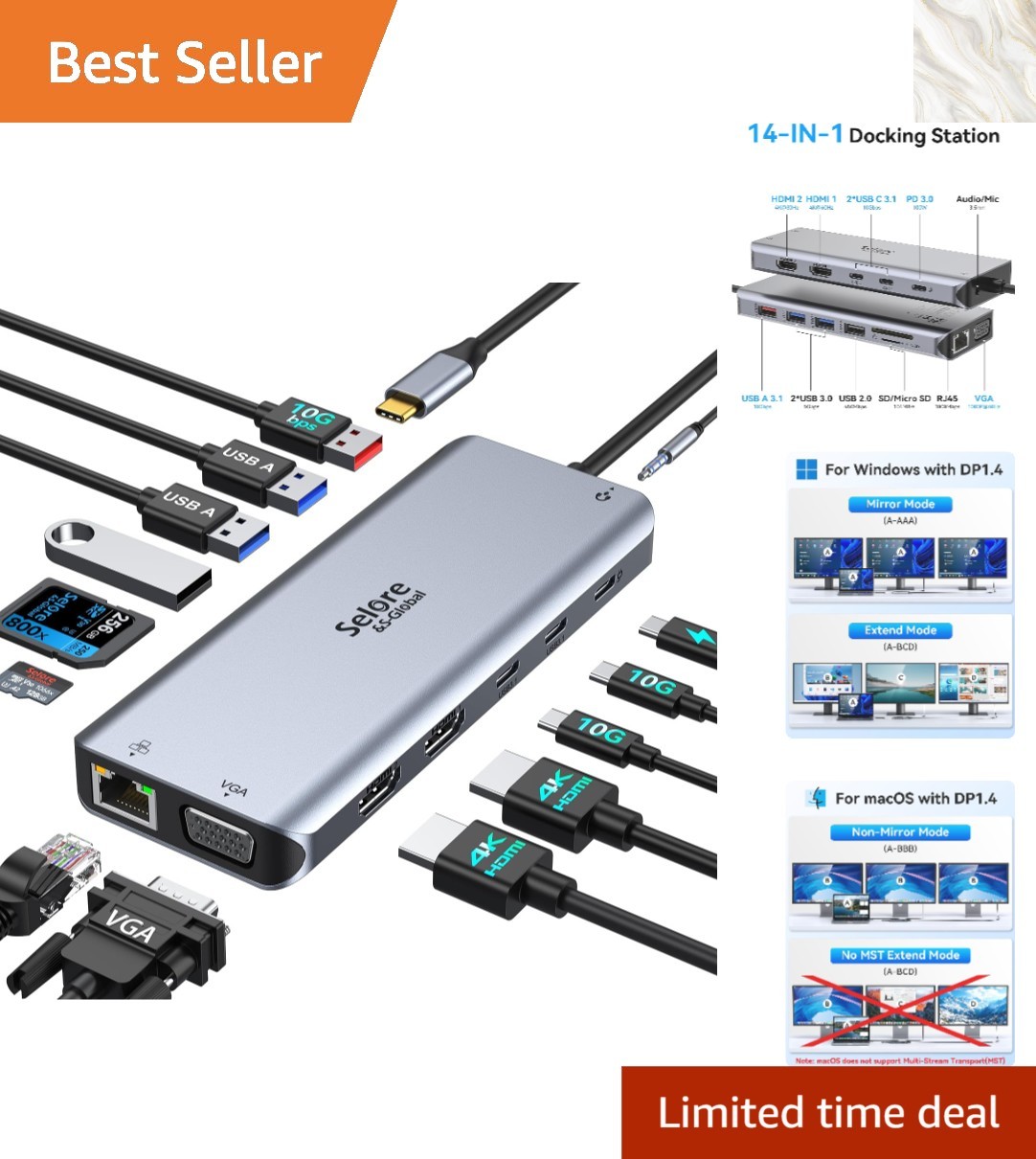 Versatile Selore USB C Hub Docking Station for Windows & Mac - 14 Ports, Compact