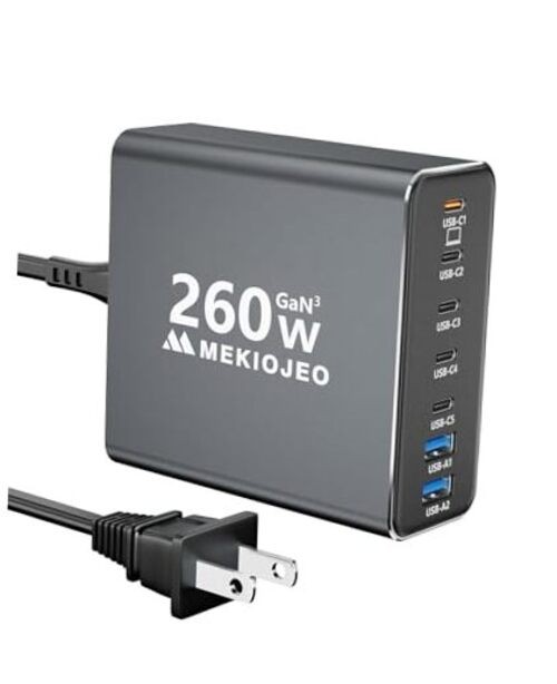 Aluminum Alloy USB C Charger GaN Fast USB C Charging Station 7 Ports 260W Gray