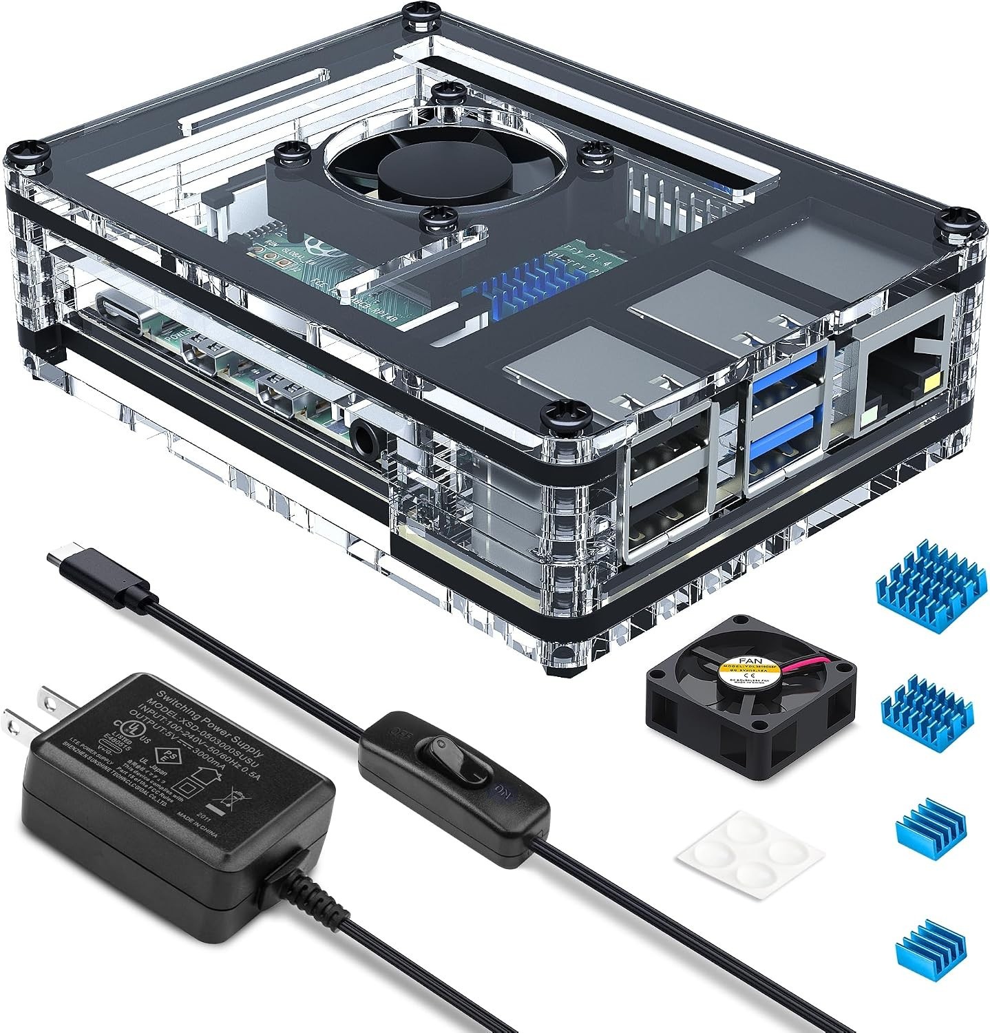 Sleek Clear Acrylic Case for Raspberry Pi 4 with Fan, Heatsinks & Power Supply
