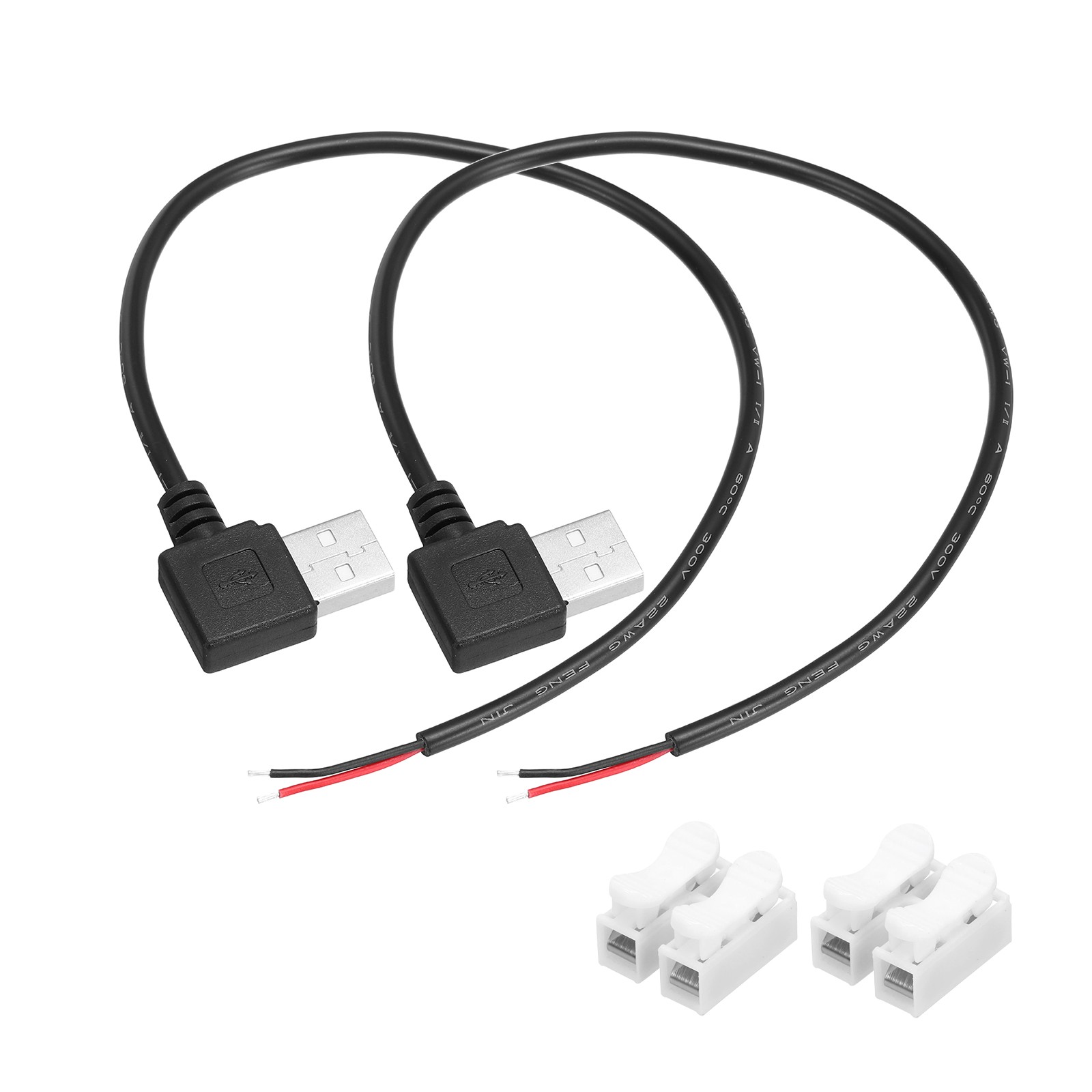 2Pcs USB Plug Pigtail 0.3 M/1Ft Male Elbow 22 AWG 5V 3A Wire Connector Black]