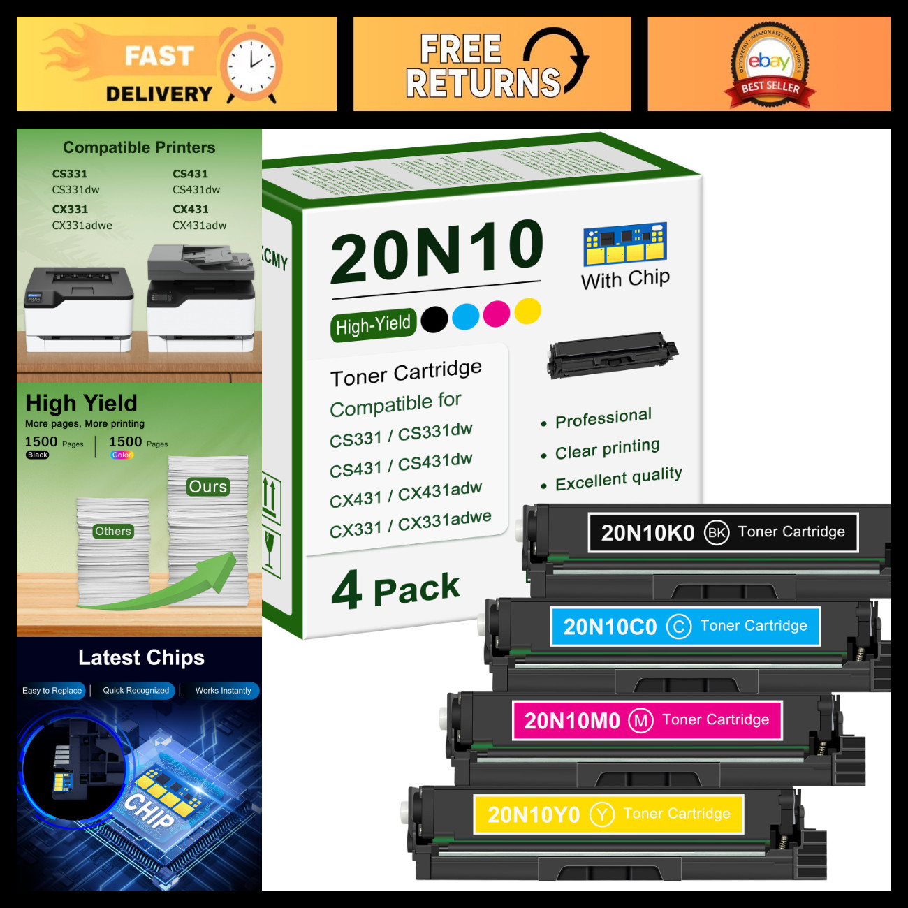 High-Yield 4-Color Toner Cartridge Set - Black, Cyan, Magenta, Yellow Replacemen