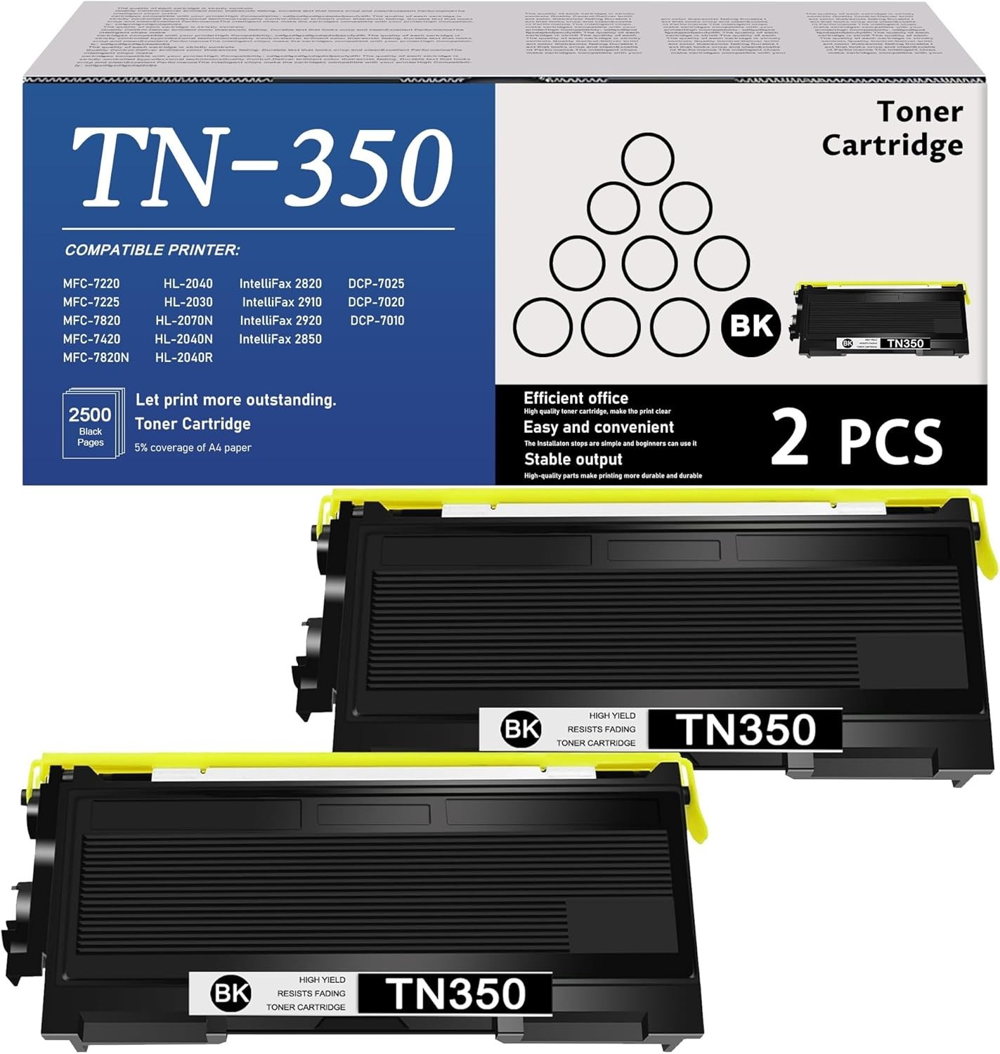 TN350 TN-350 Toner Cartridge 2 Pack For Brother HL-2040 DCP-7010 IntelliFax 2920