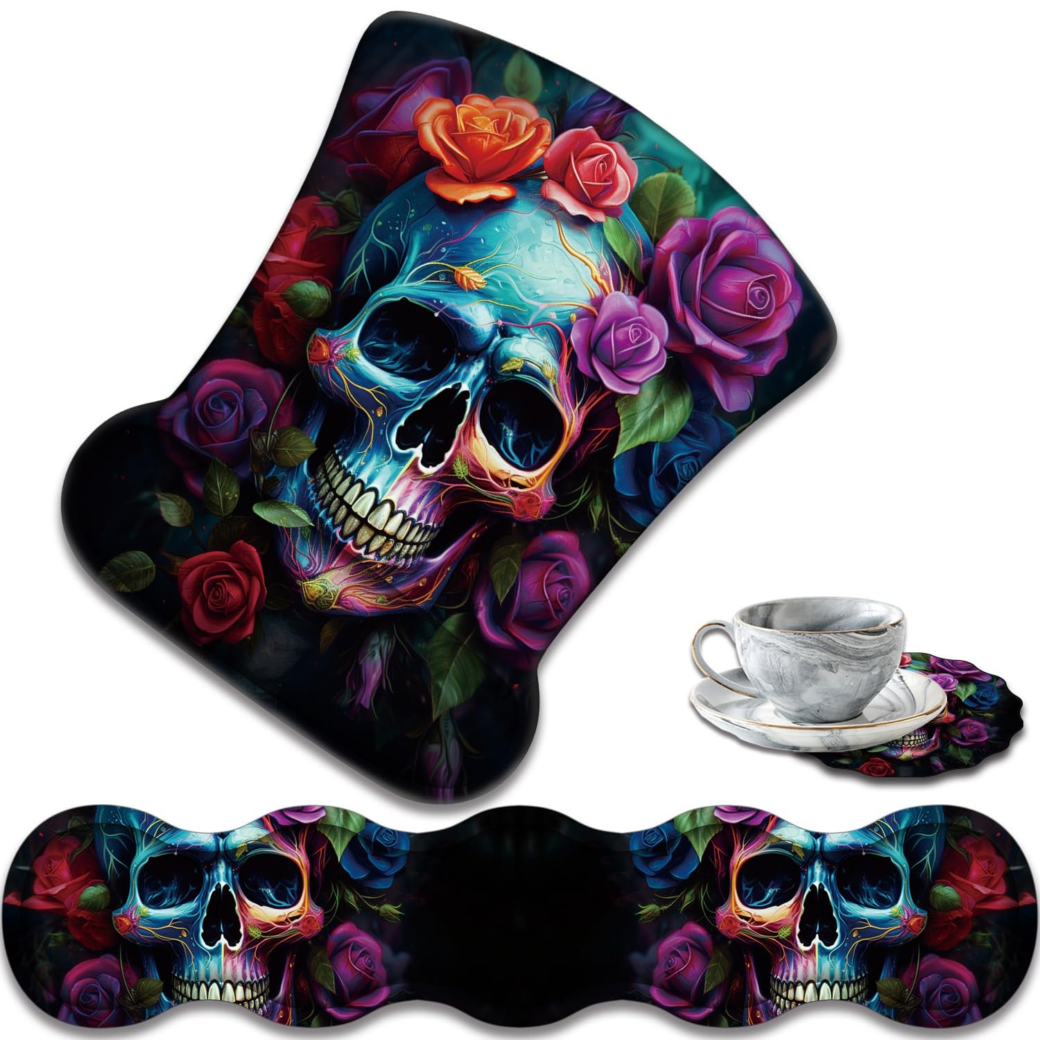 Ergonomic Keyboard Wrist 17.35 x 3.55 inches, Colorful Rose Flower Skull