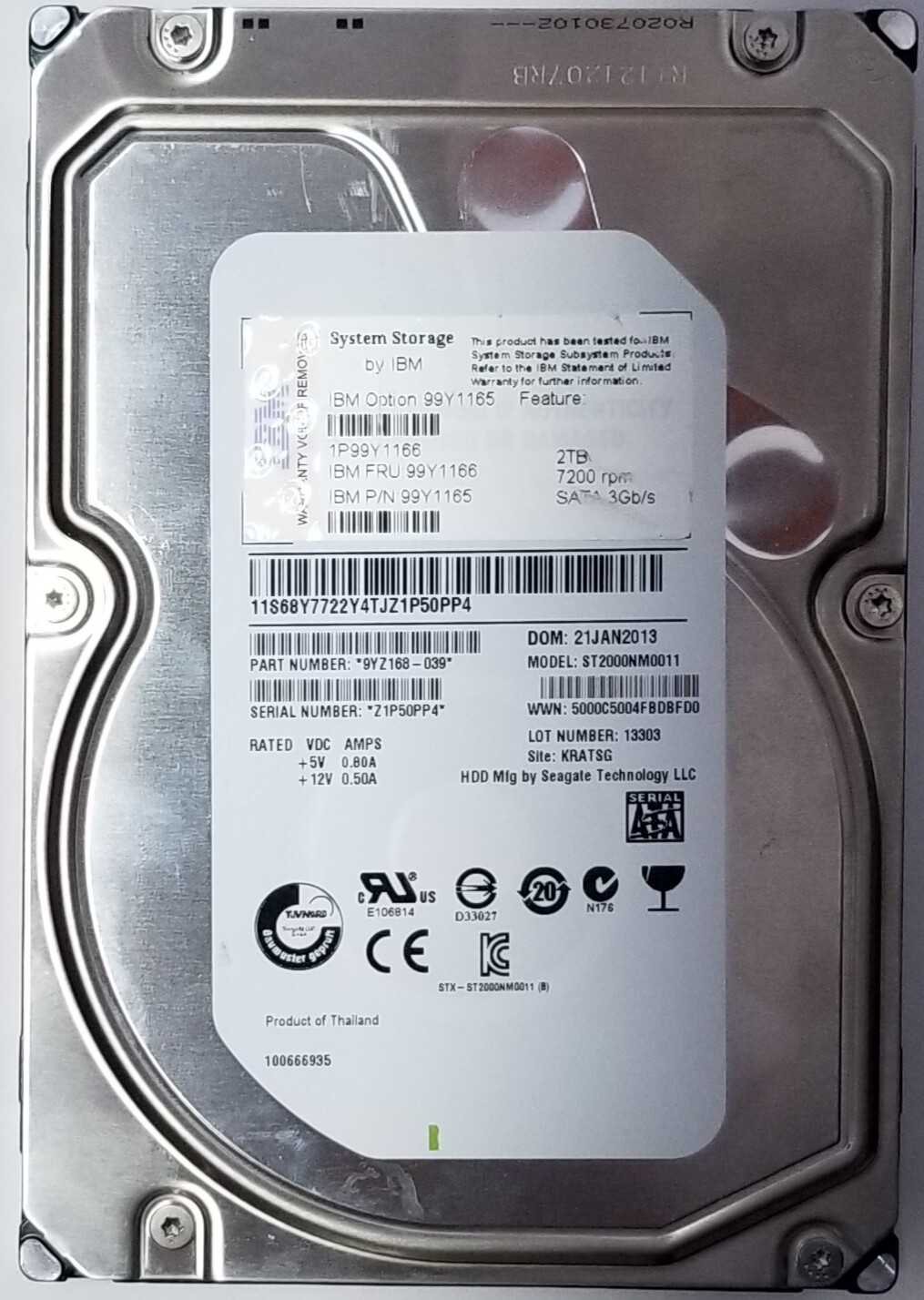 IBM 99Y1165 2TB 7200rpm SATA 3Gb/s HDD Seagate ST2000NM0011 9YZ168-039